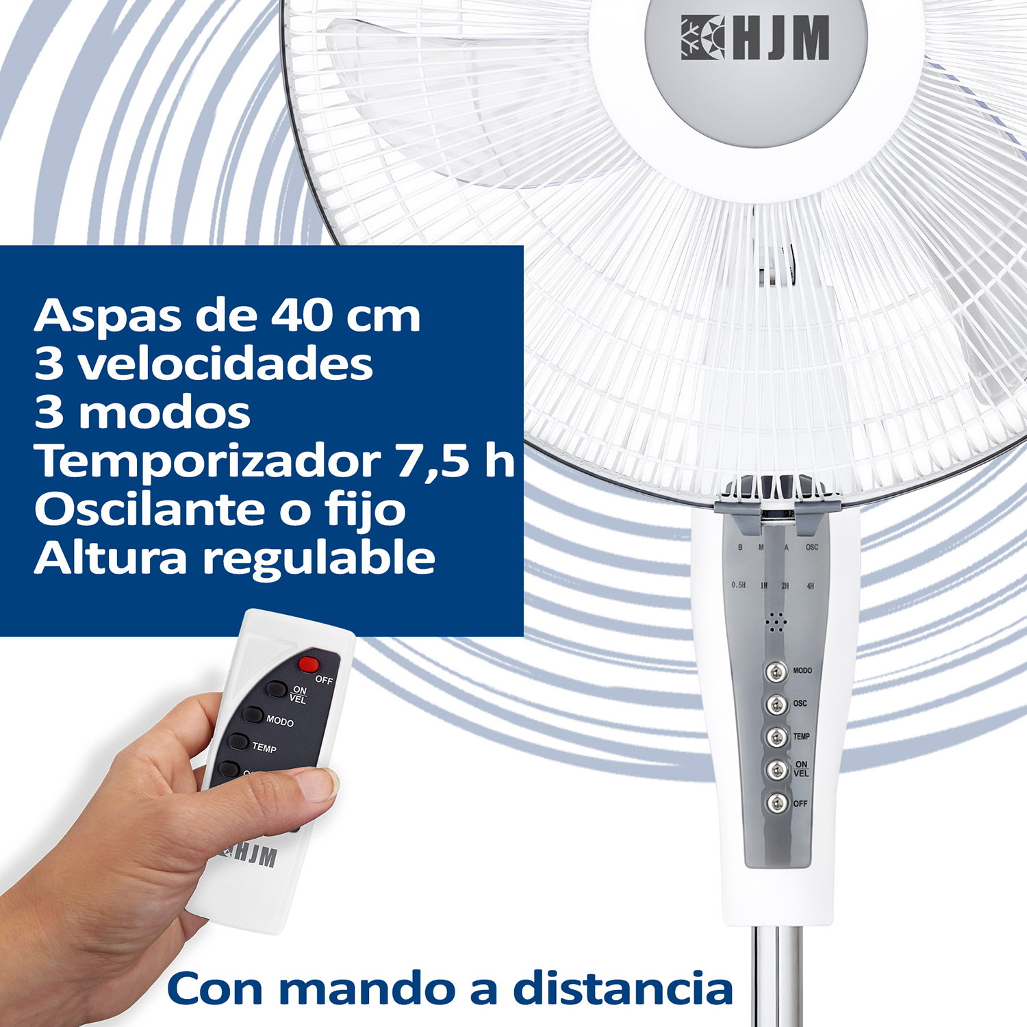 Ventilatore bianco con testo. Il testo descrive le caratteristiche e il telecomando.