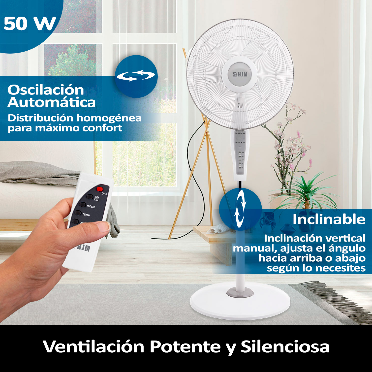 Un ventilatore a colonna bianco con testo e icone, che indicano oscillazione automatica e inclinazione.