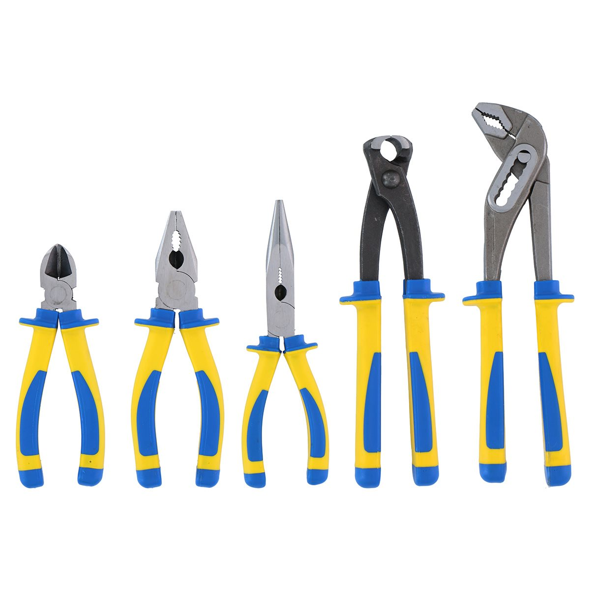 Een set tangen met gele en blauwe handvatten, waaronder kniptangen, platte tangen, punttangen en waterpomptangen.