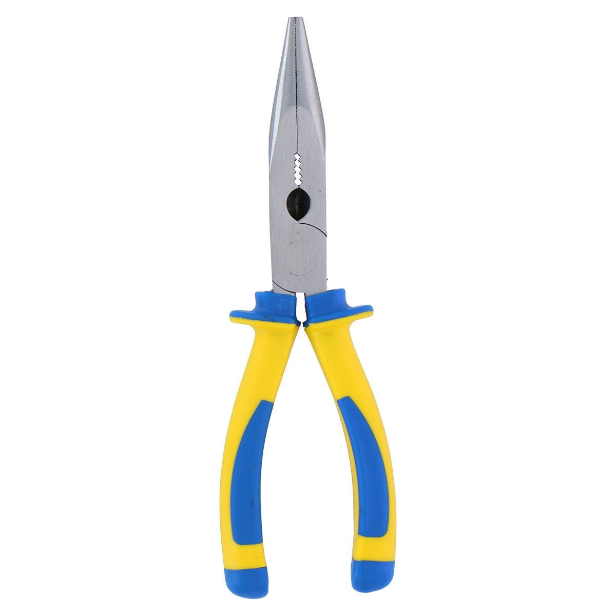Langbektang met gele en blauwe handgrepen, metalen kop.