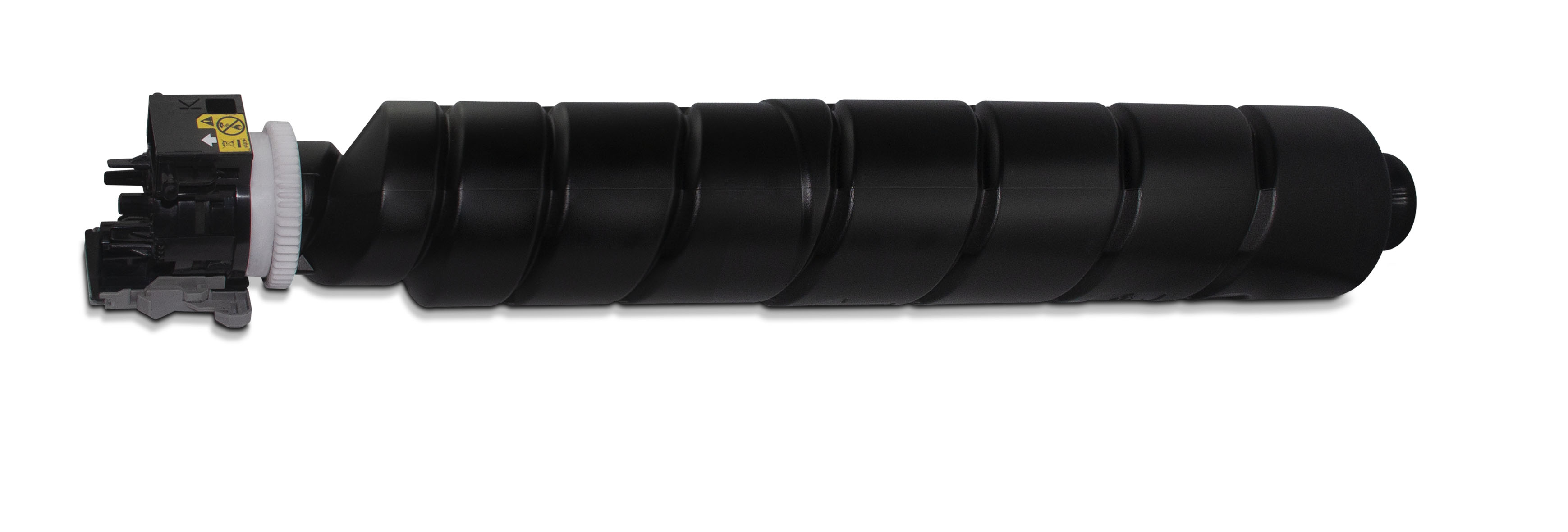 Cartuccia toner nera con design a spirale e forma cilindrica, su sfondo bianco.