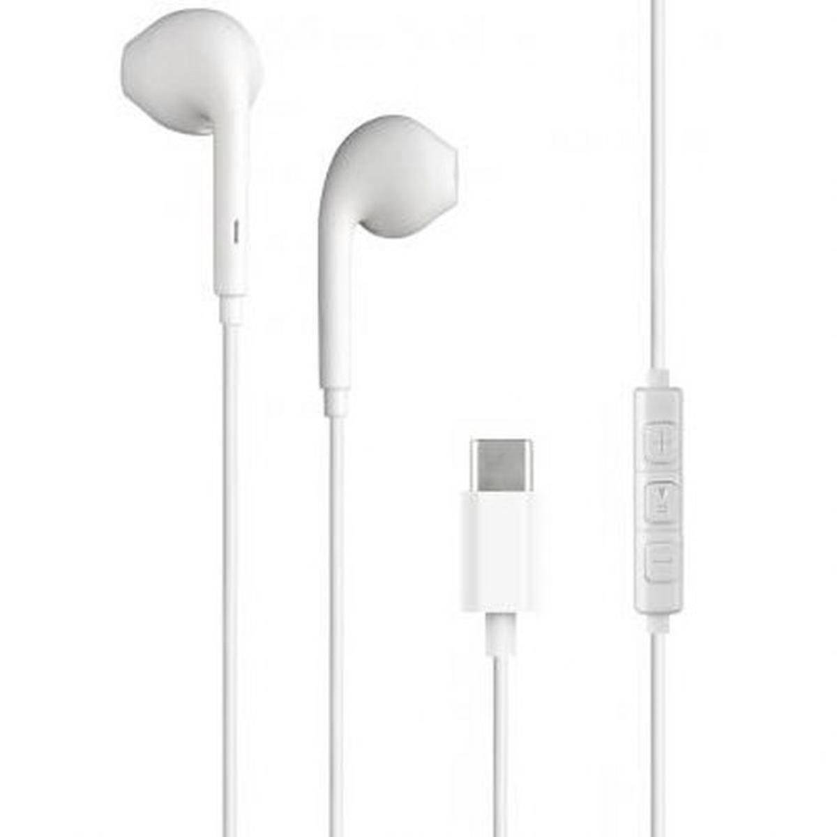 Auricolari cablati bianchi con modulo di controllo bianco e connettore USB-C bianco.