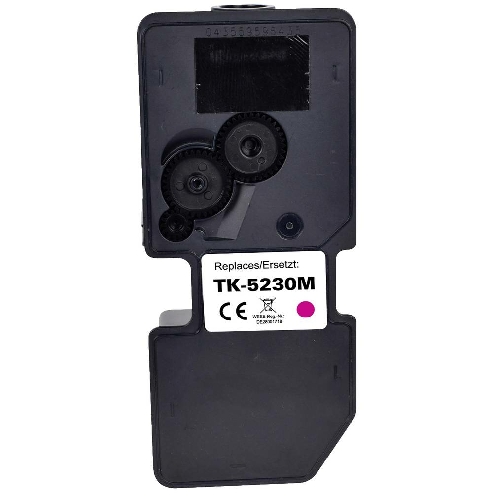 Cartuccia d'inchiostro nera con etichetta rosa, marchio CE e l'etichetta 'TK-5230'.