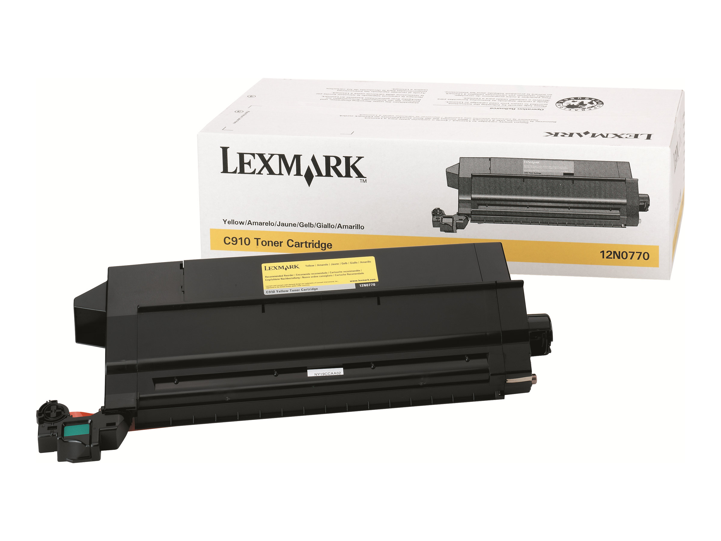 Cartuccia toner Lexmark C910 con la sua scatola, su bianco.