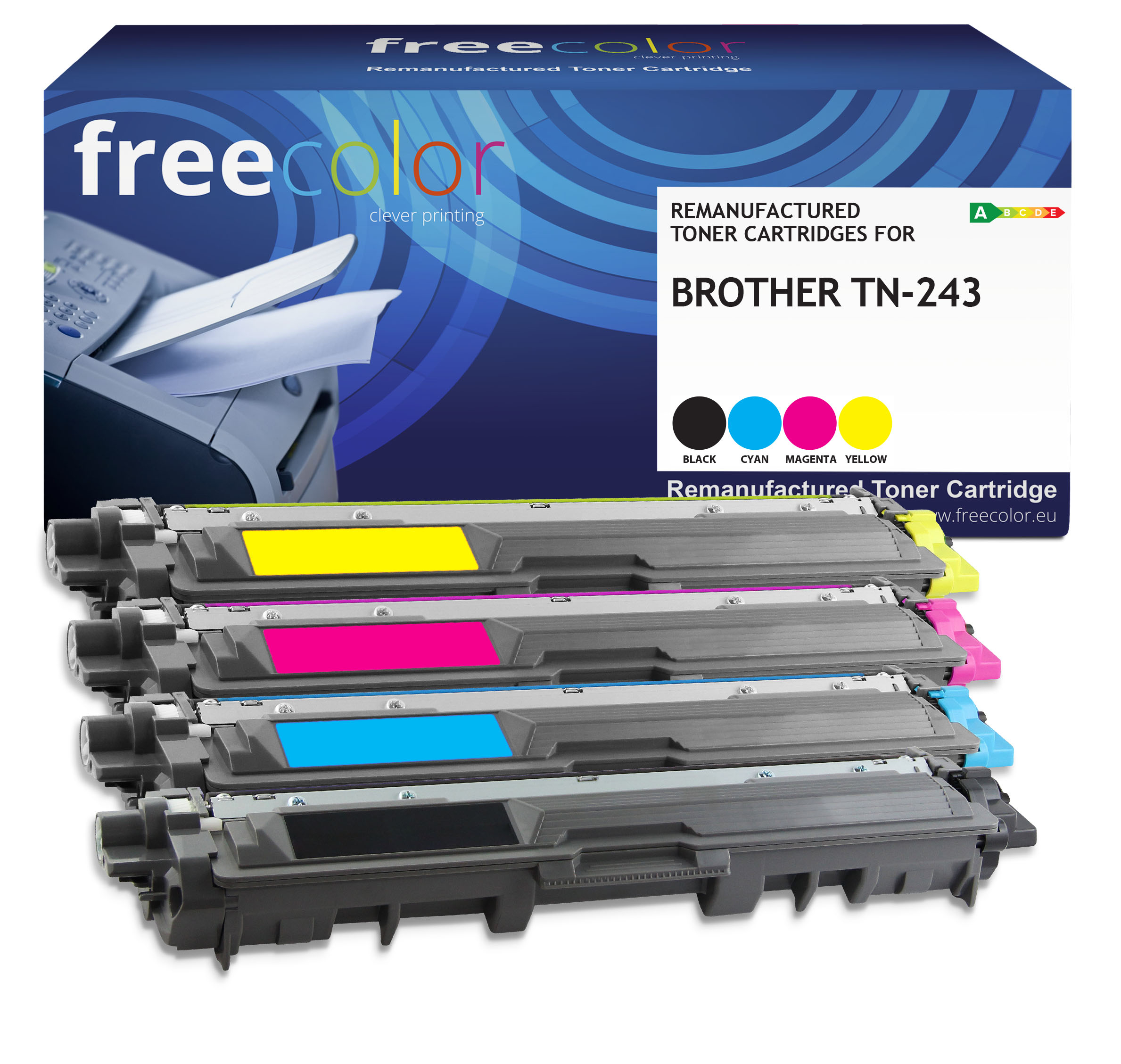 Vier Tonerkartuschen in verschiedenen Farben mit einer Box. Auf der Box steht 'freecolor' und 'BROTHER TN-243'.