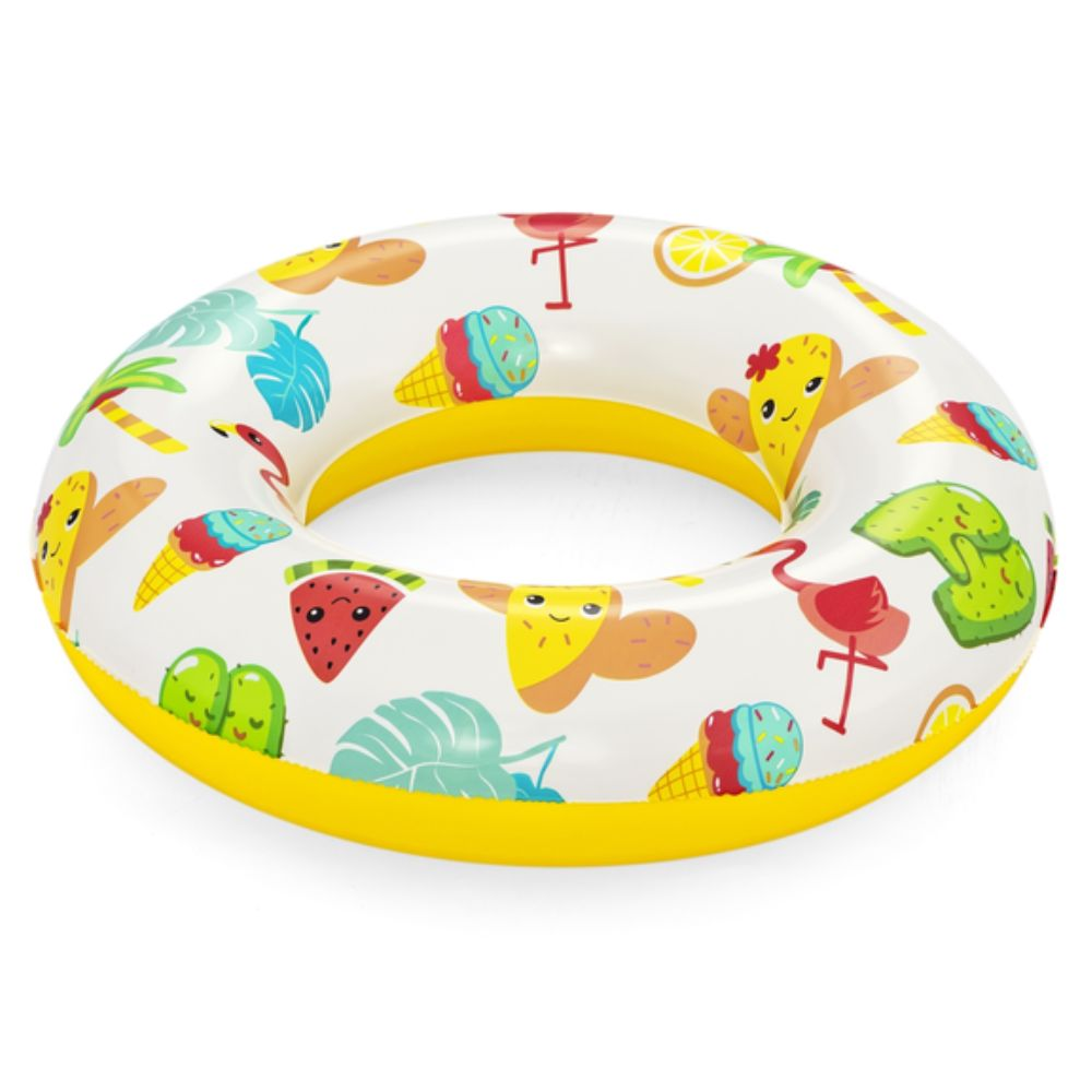 Anneau gonflable blanc et jaune avec des motifs colorés de crème glacée, citron et flamant rose.