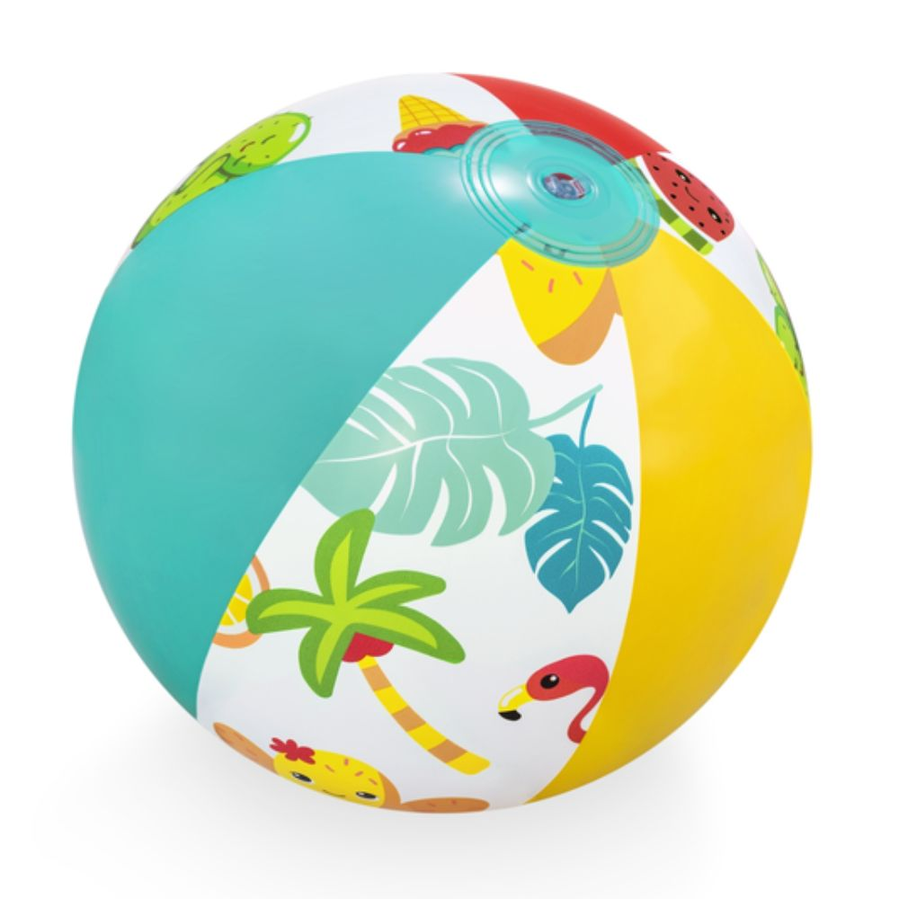 Un ballon de plage coloré avec diverses illustrations tropicales. Il est sur fond blanc.