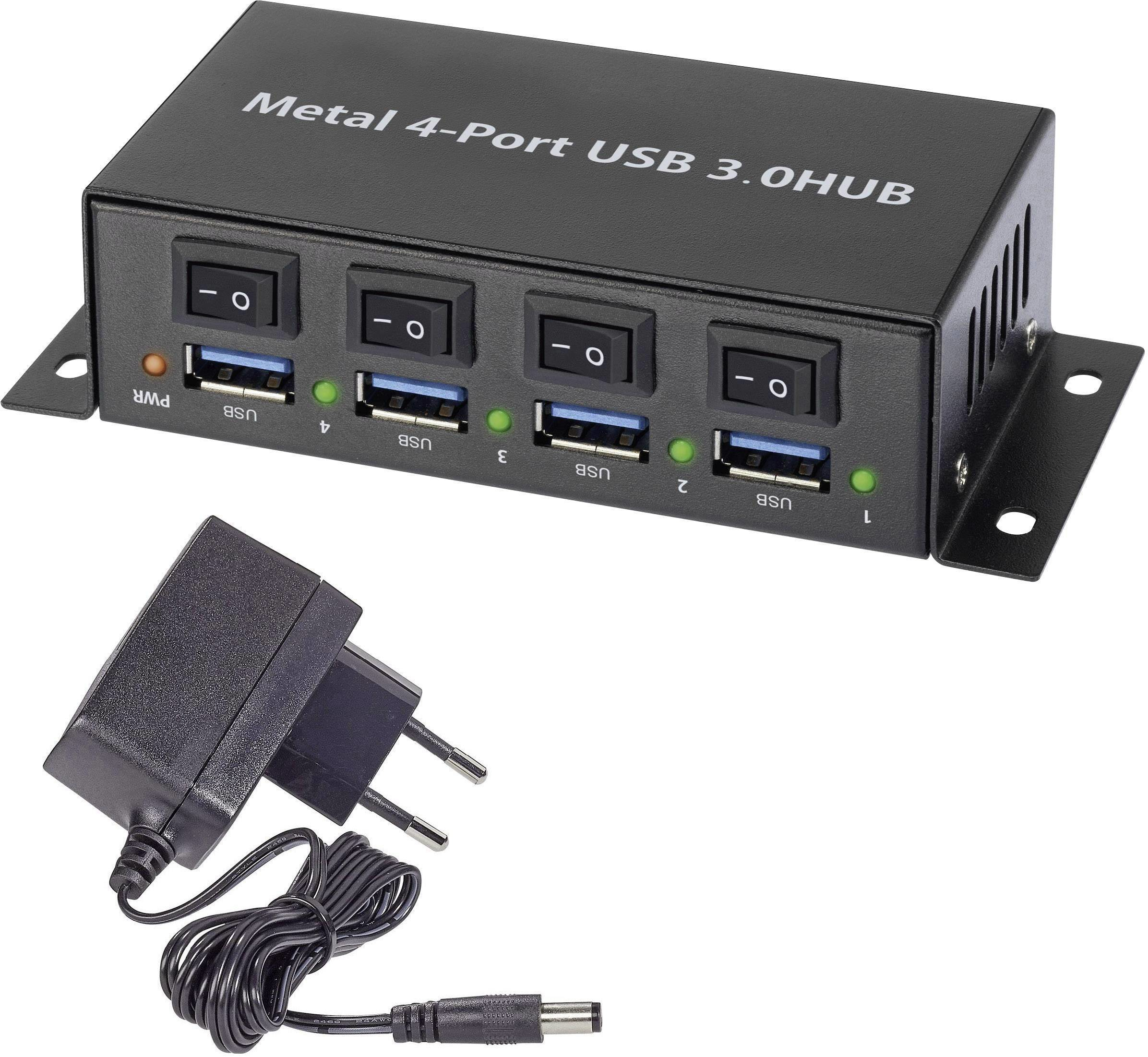 Hub USB nero con quattro porte e adattatore di alimentazione. Interruttori on/off sopra ogni porta. Un indicatore.