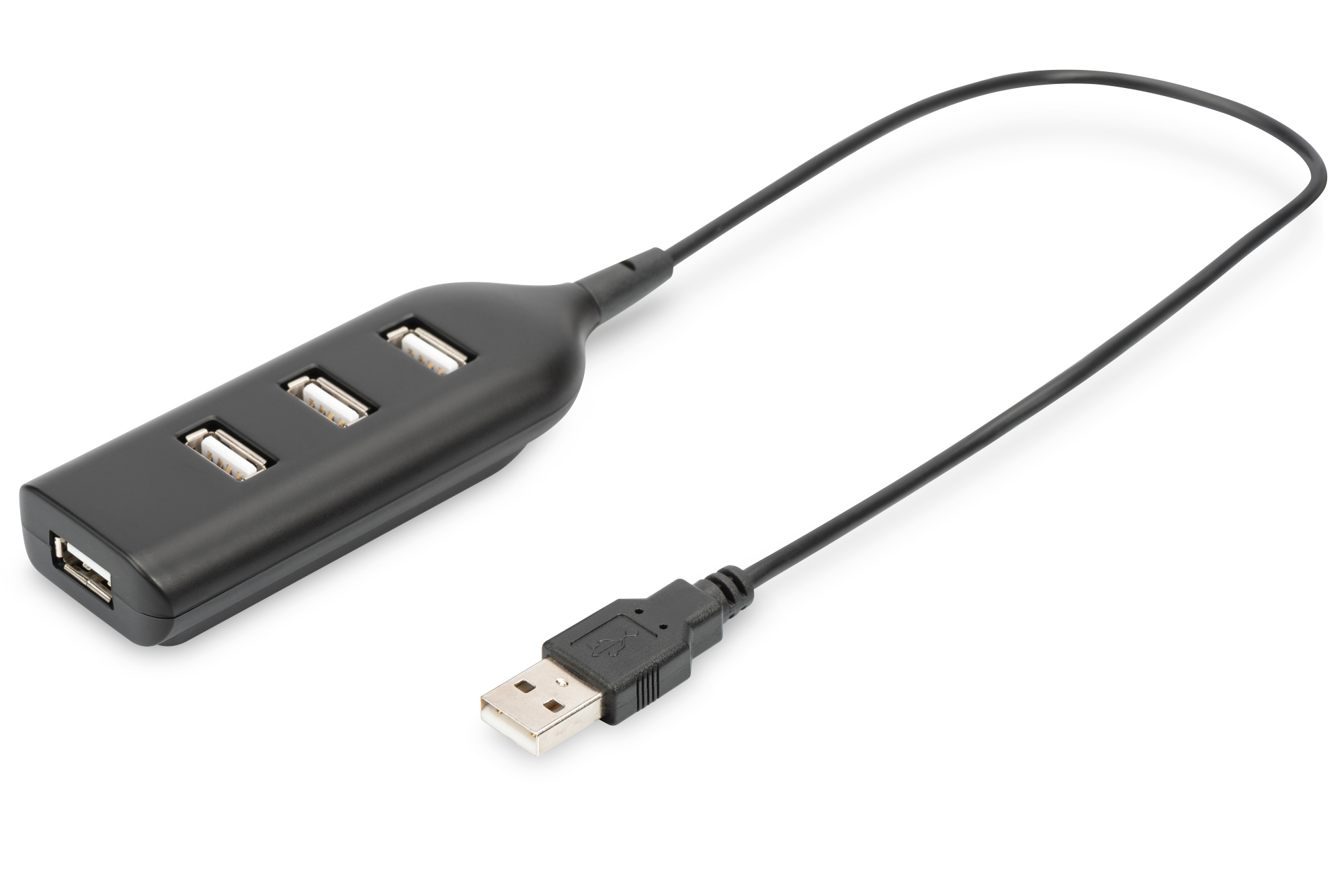 Hub USB nero con quattro porte e un connettore USB su uno sfondo bianco, vista angolata.