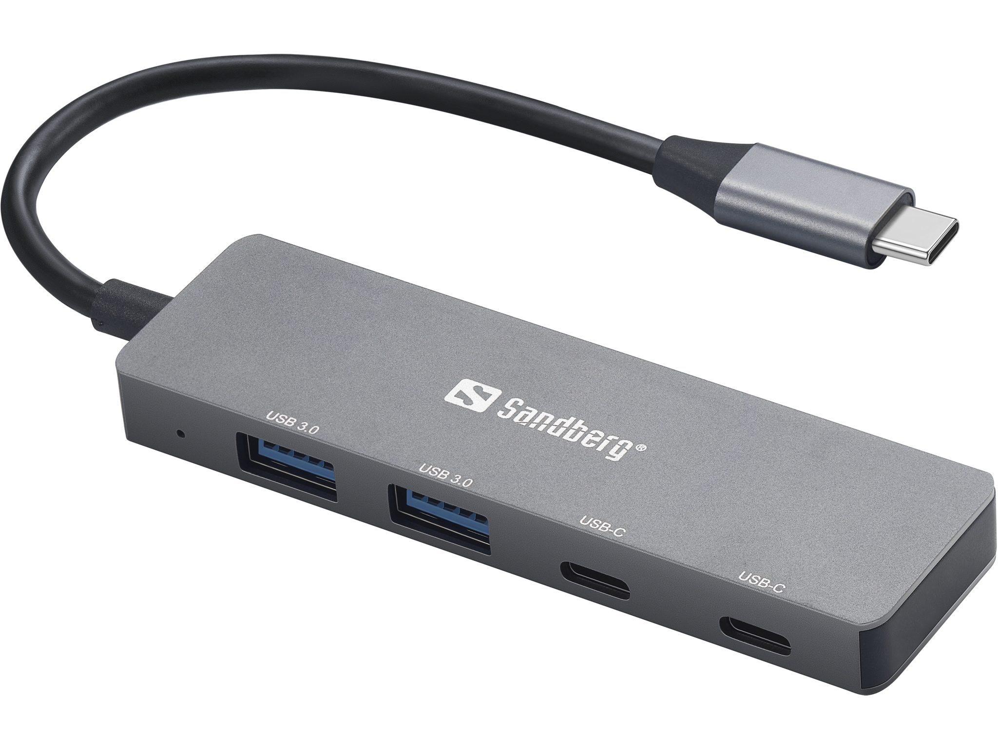 Un hub USB Sandberg grigio con porte USB 3.0, USB-C e un cavo USB-C nero.