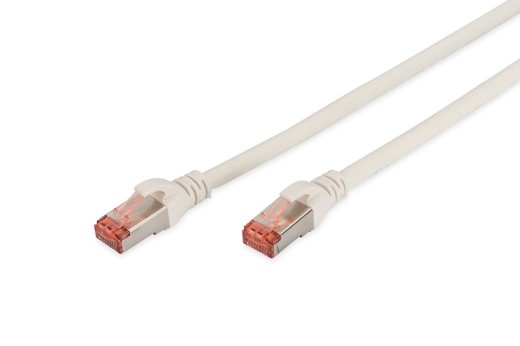 Due cavi Ethernet, bianchi, con connettori arancioni, su sfondo bianco.