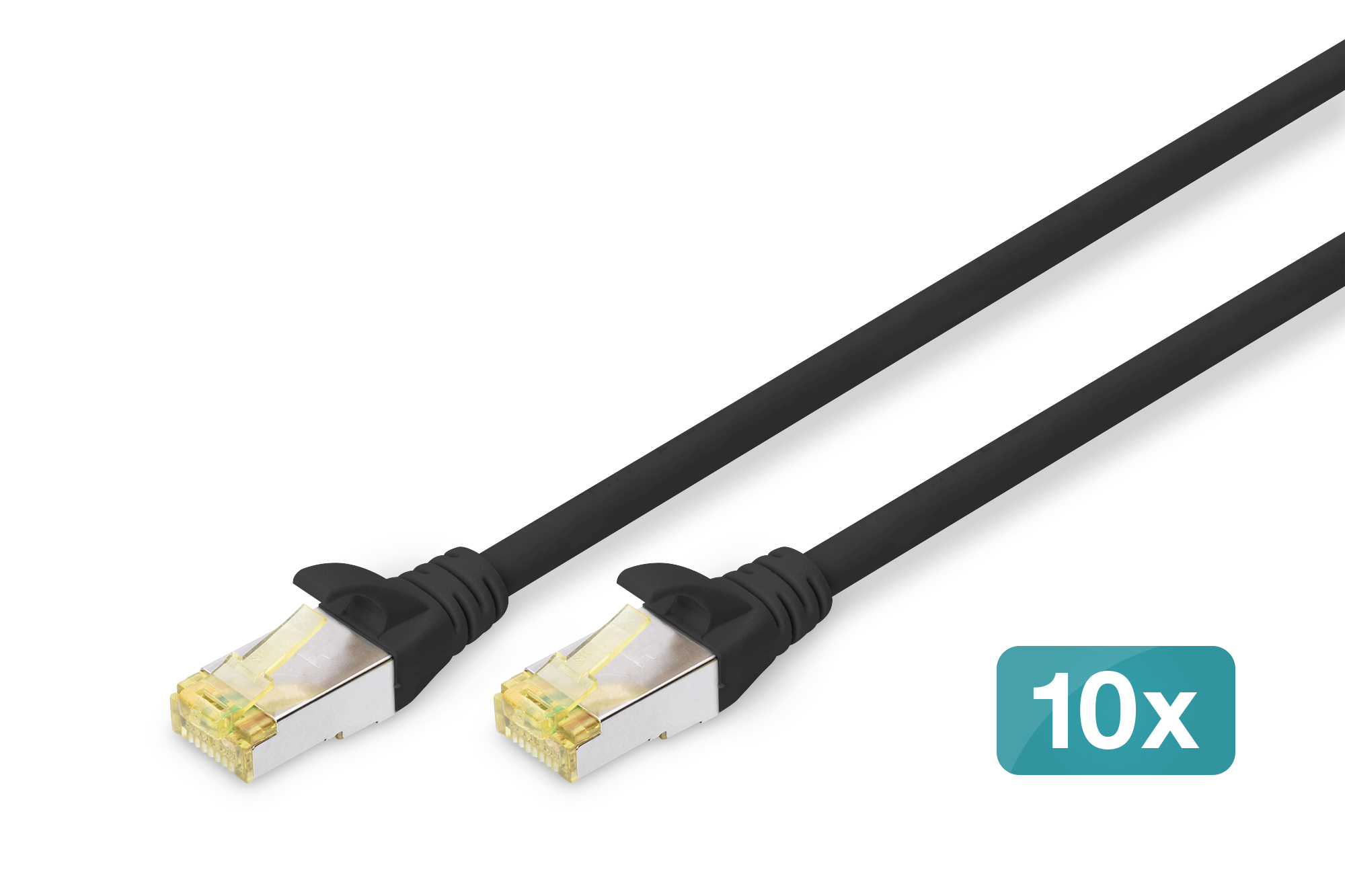 Twee zwarte Ethernet-kabels met gele connectoren en een "10x"-label, op een witte achtergrond.