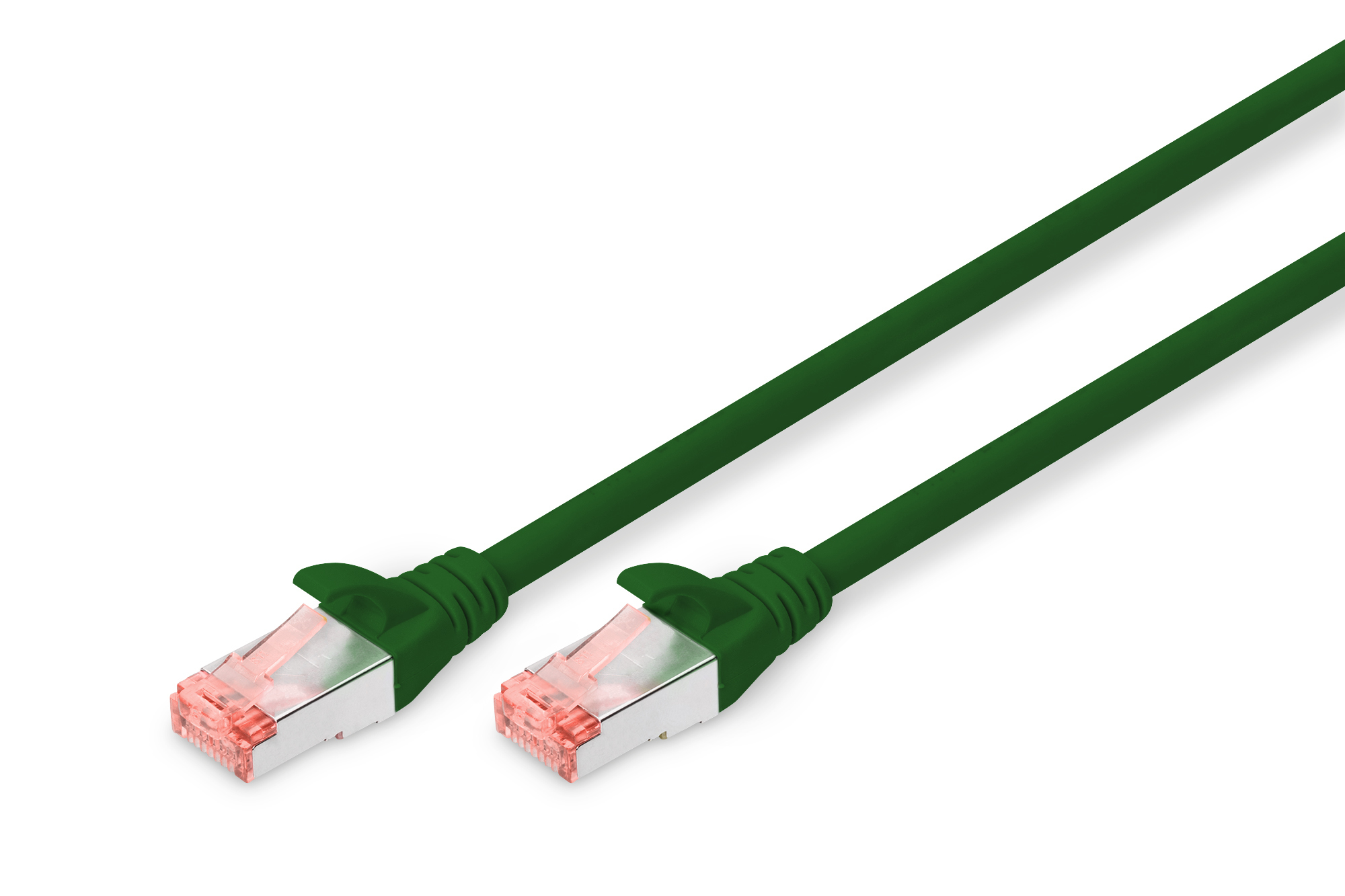 Due cavi Ethernet verdi con connettori su sfondo bianco. Ogni cavo è angolato.
