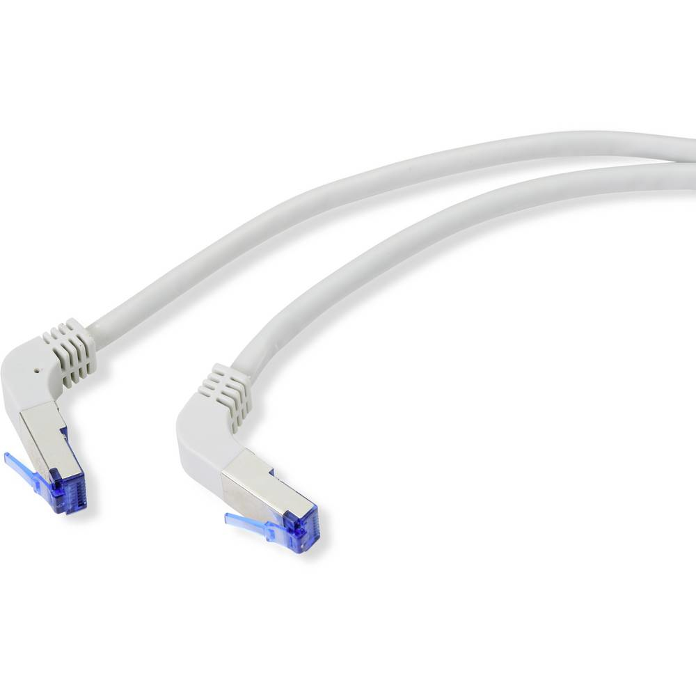Due cavi Ethernet bianchi con connettori angolati. Linguette blu traslucide e sfondo bianco.