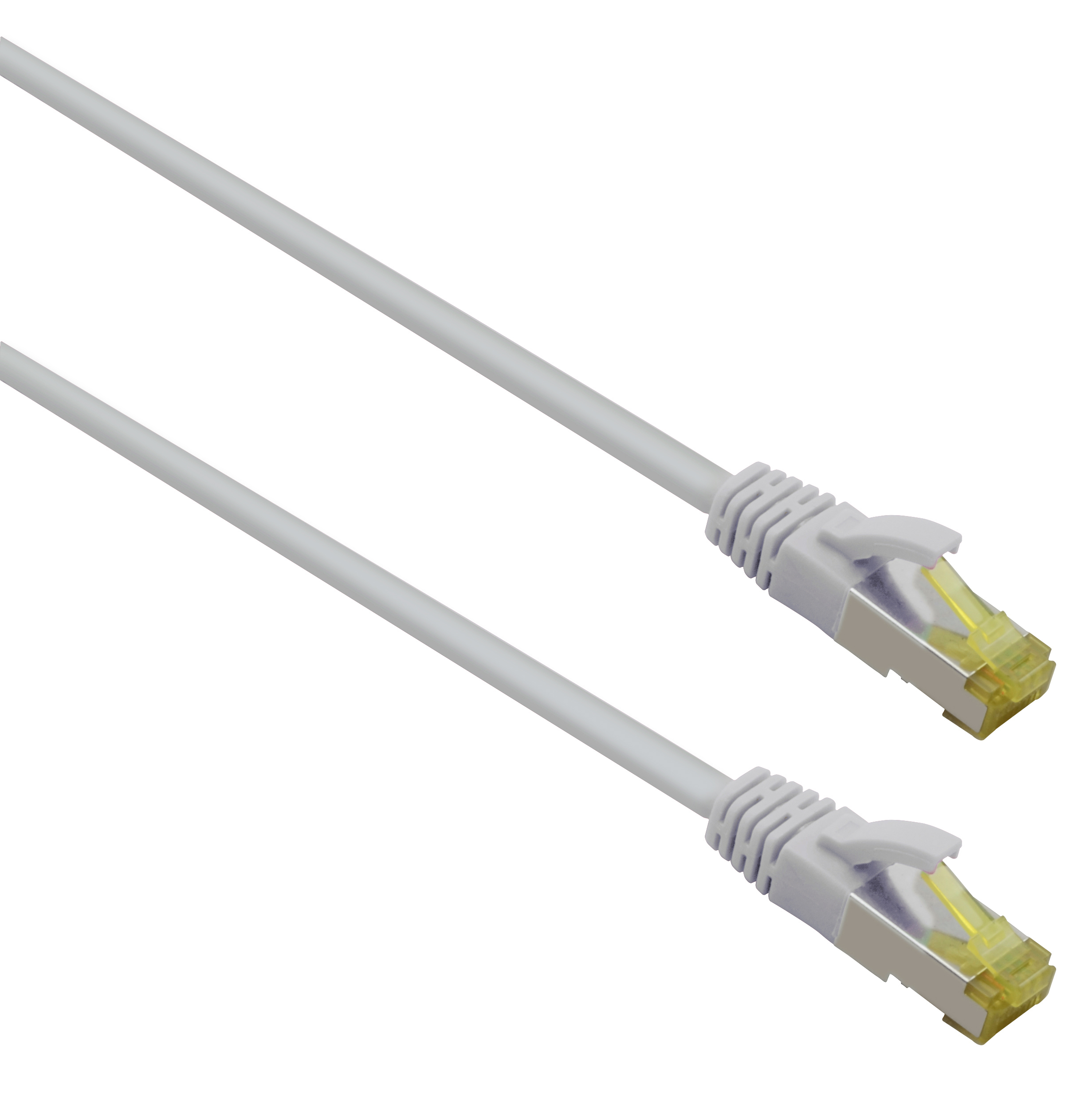 Due cavi Ethernet bianchi con connettori su sfondo bianco.