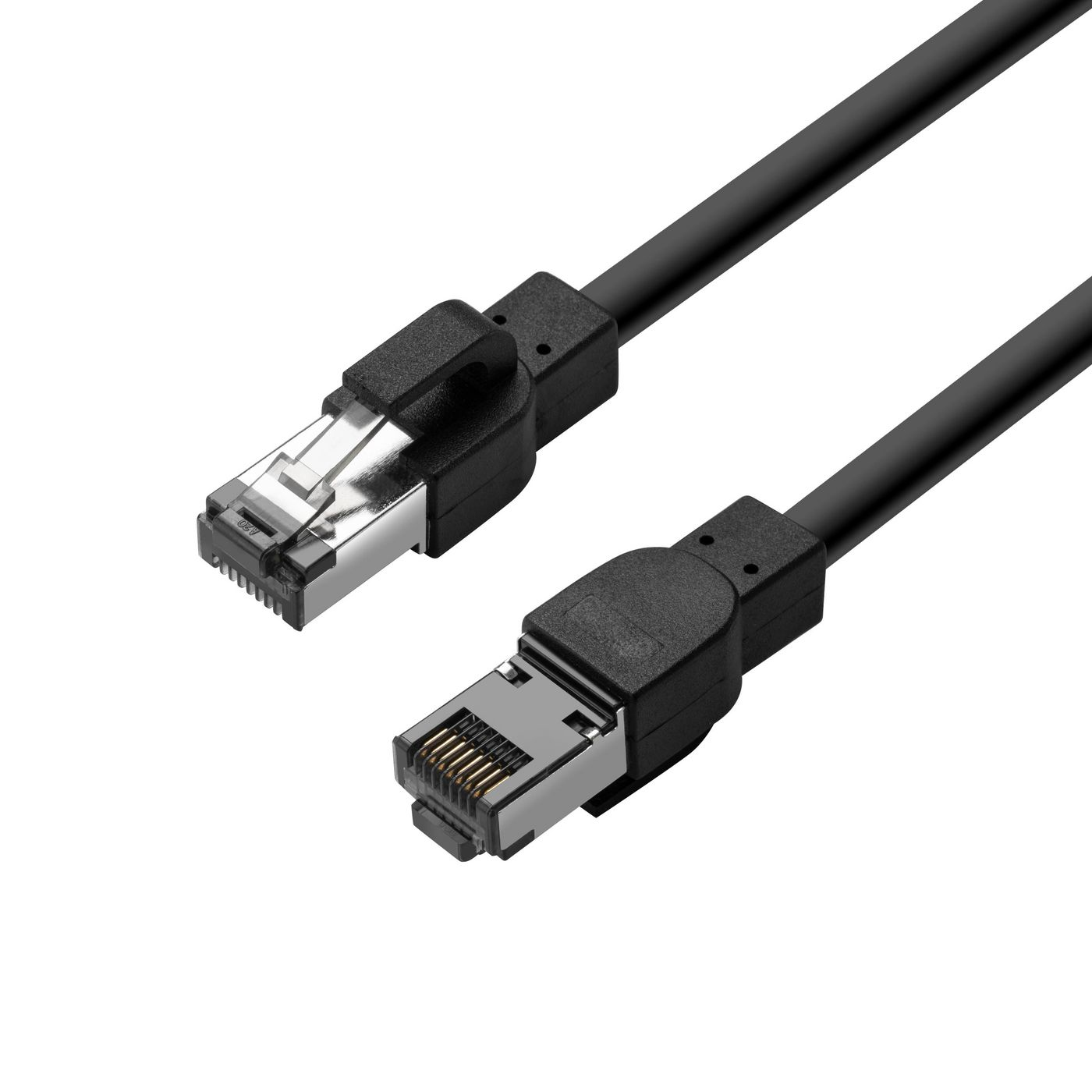 Due cavi Ethernet neri con connettori su sfondo bianco.