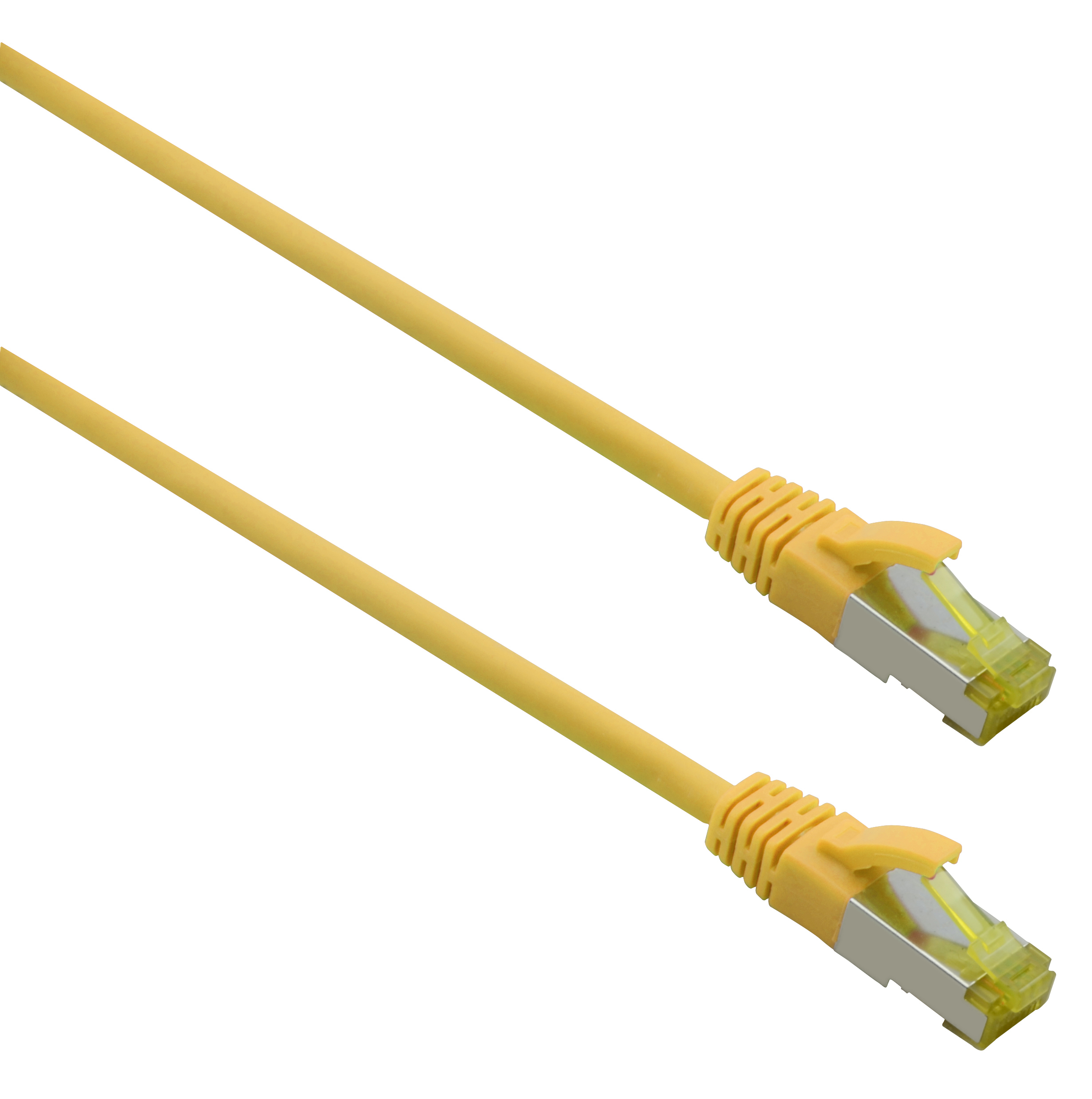 Cavo Ethernet giallo con due connettori e linguette trasparenti. Sfondo bianco.