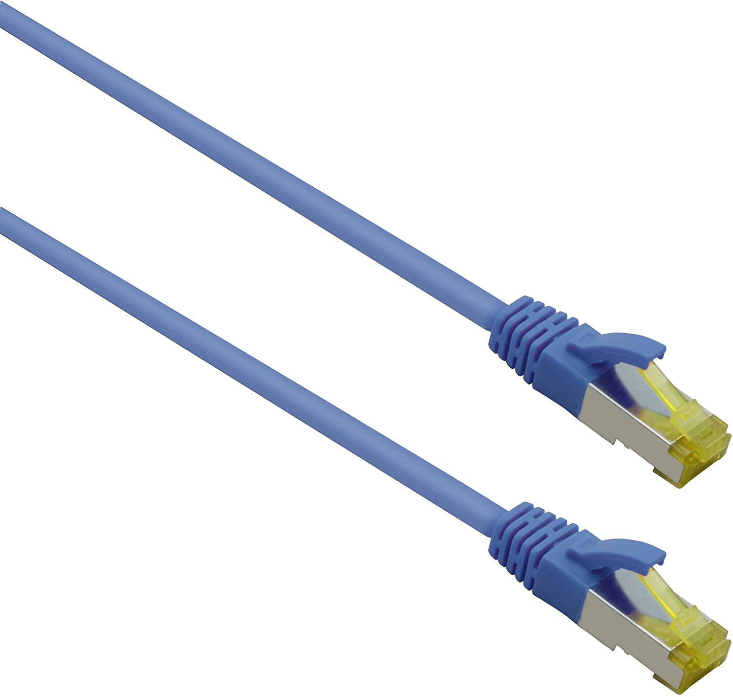 Cavi Ethernet blu con linguette del connettore gialle. Sfondo bianco.