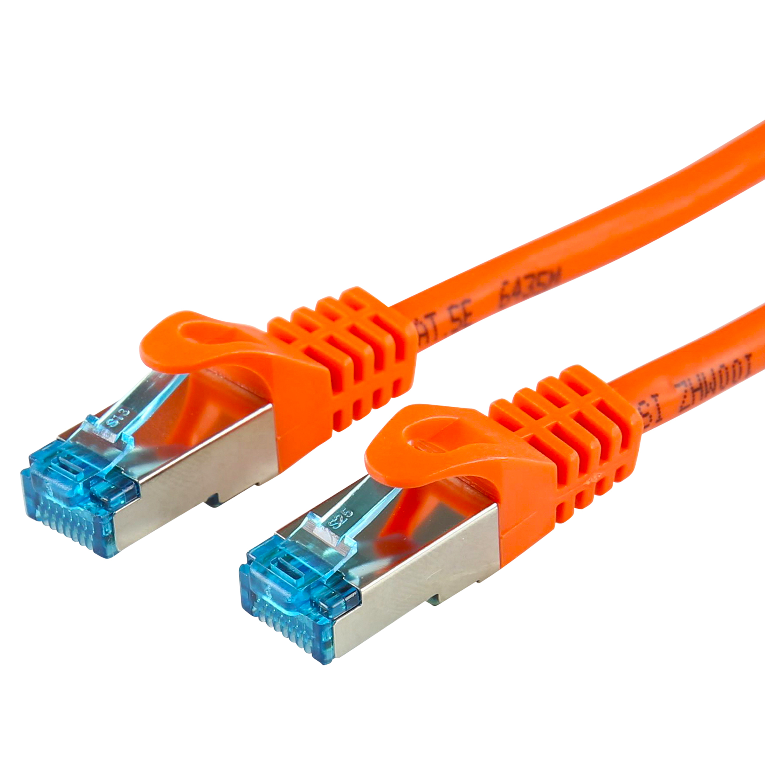 Due cavi ethernet arancioni con connettori blu su sfondo bianco.