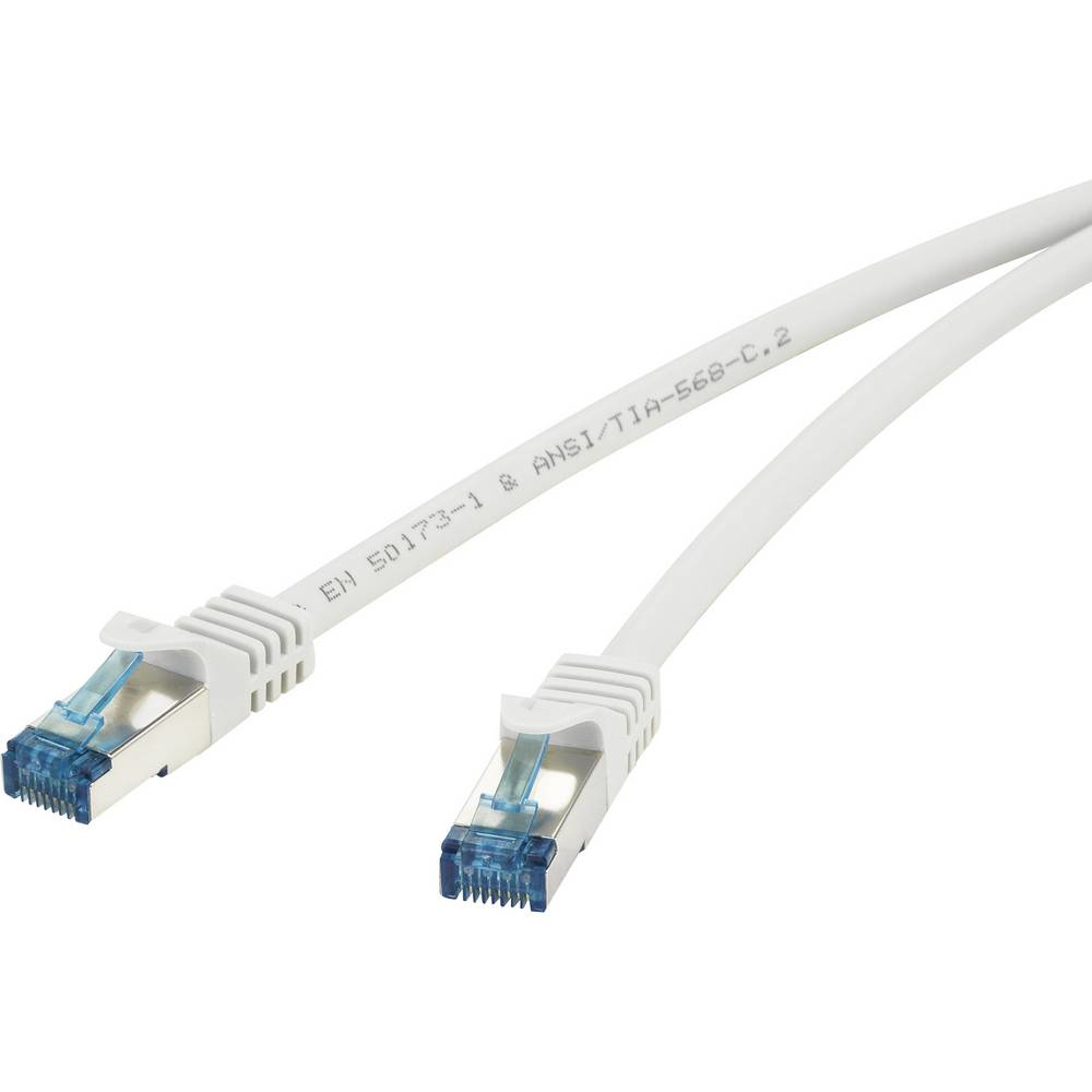 Dwa białe kable Ethernet z niebieskimi wtyczkami na białym tle.
