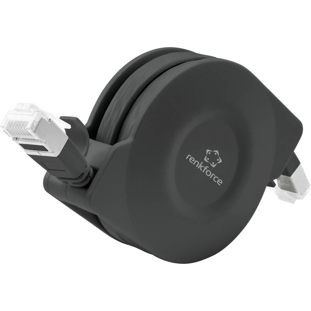 Rullo per cavo di rete grigio scuro con connettori.