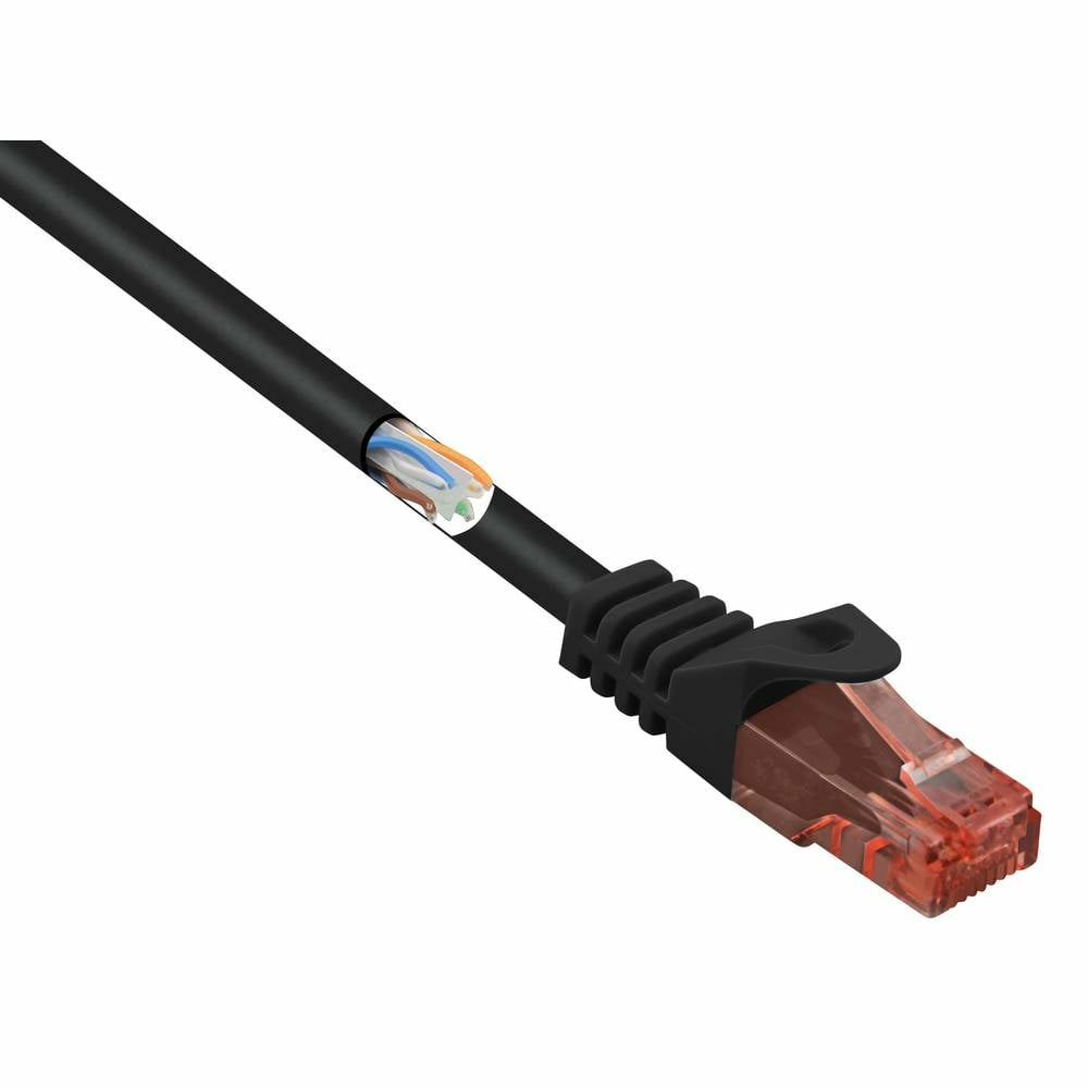 Czarny kabel Ethernet z czerwoną wtyczką, przecięty, aby pokazać wewnętrzne przewody.