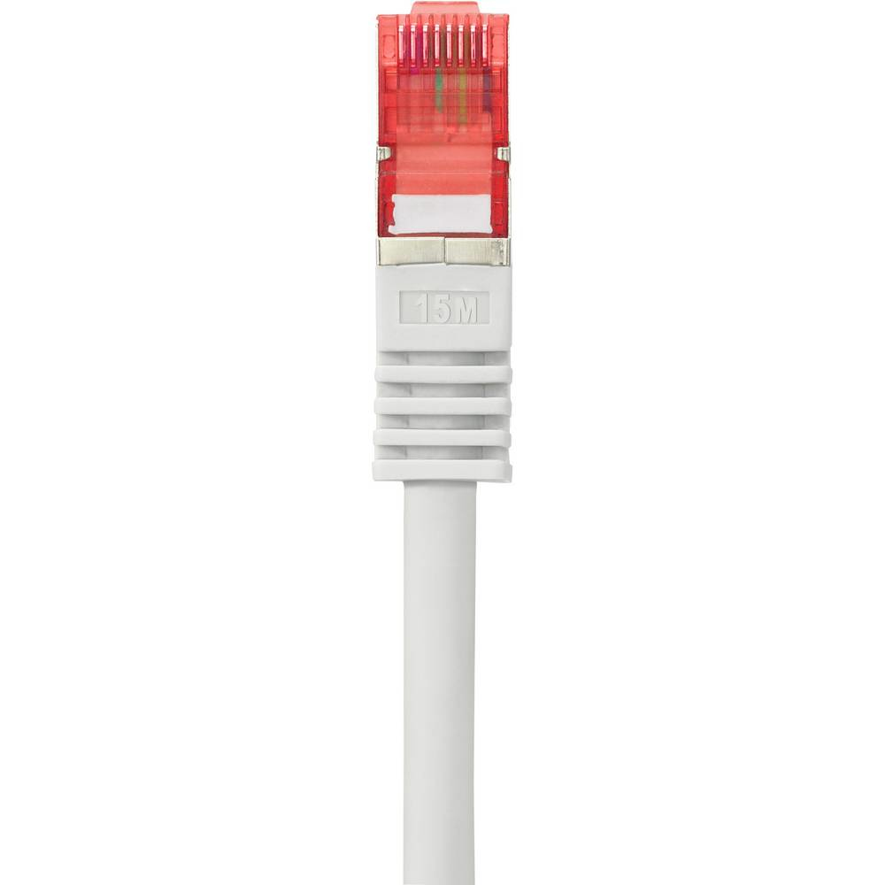 Cavo di rete bianco con connettore rosso ed etichetta.