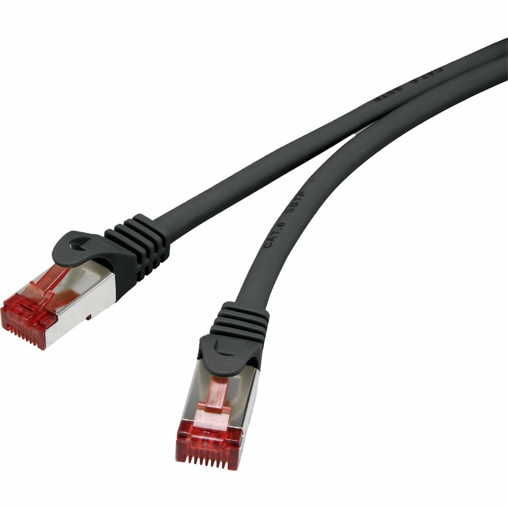 Due cavi di rete neri con connettori RJ45 rossi su sfondo bianco.