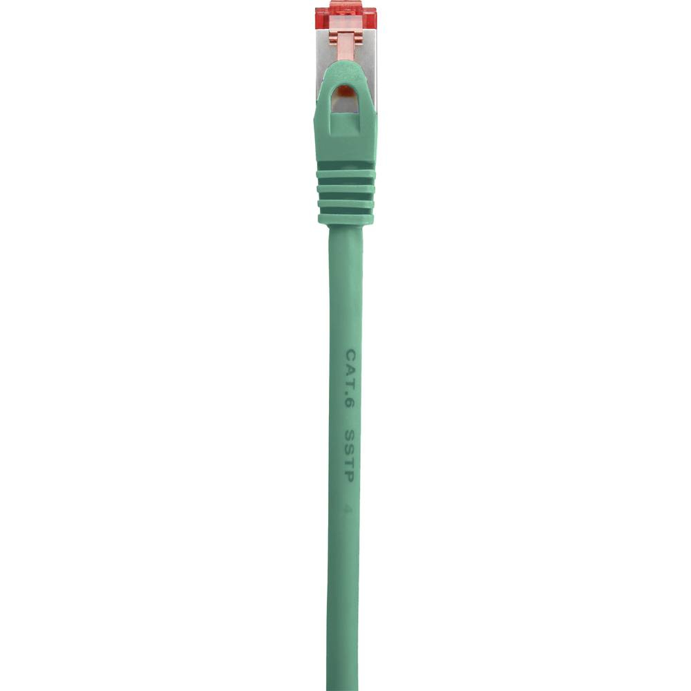 Cavo Ethernet verde con connettore rosa su sfondo bianco.