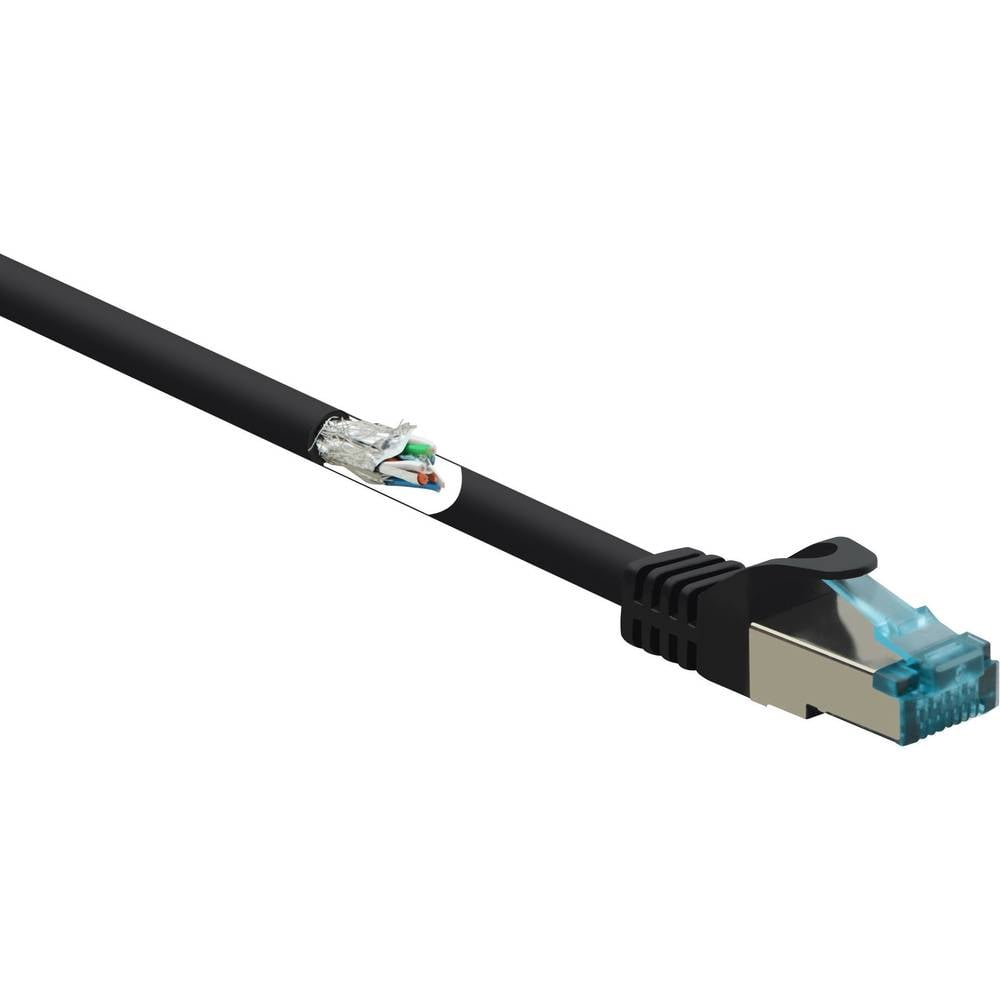 Cavo Ethernet nero con connettore trasparente. Sezione tagliata rivela fili colorati all'interno del cavo.