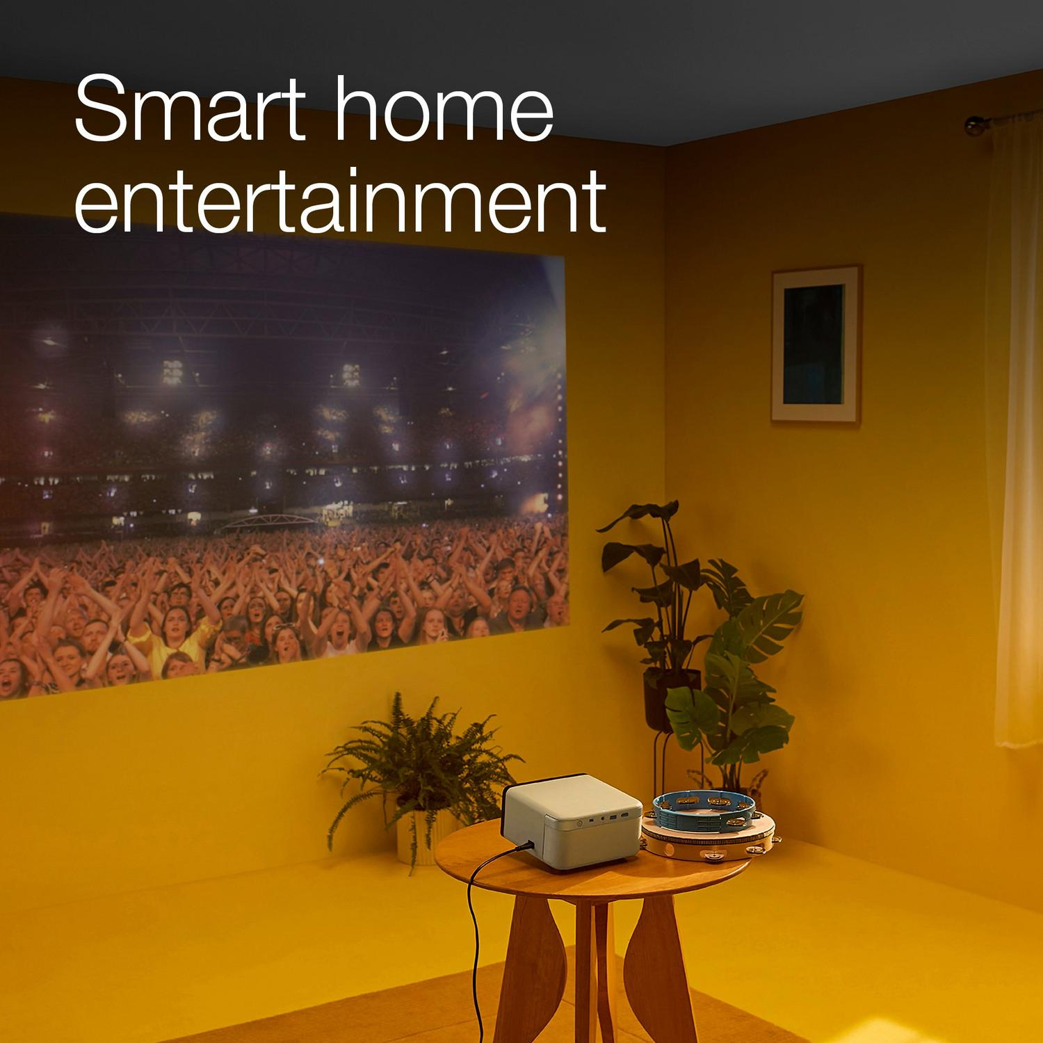 Wnętrze z wyświetlanym obrazem koncertu. Żółte ściany, stół i rośliny.