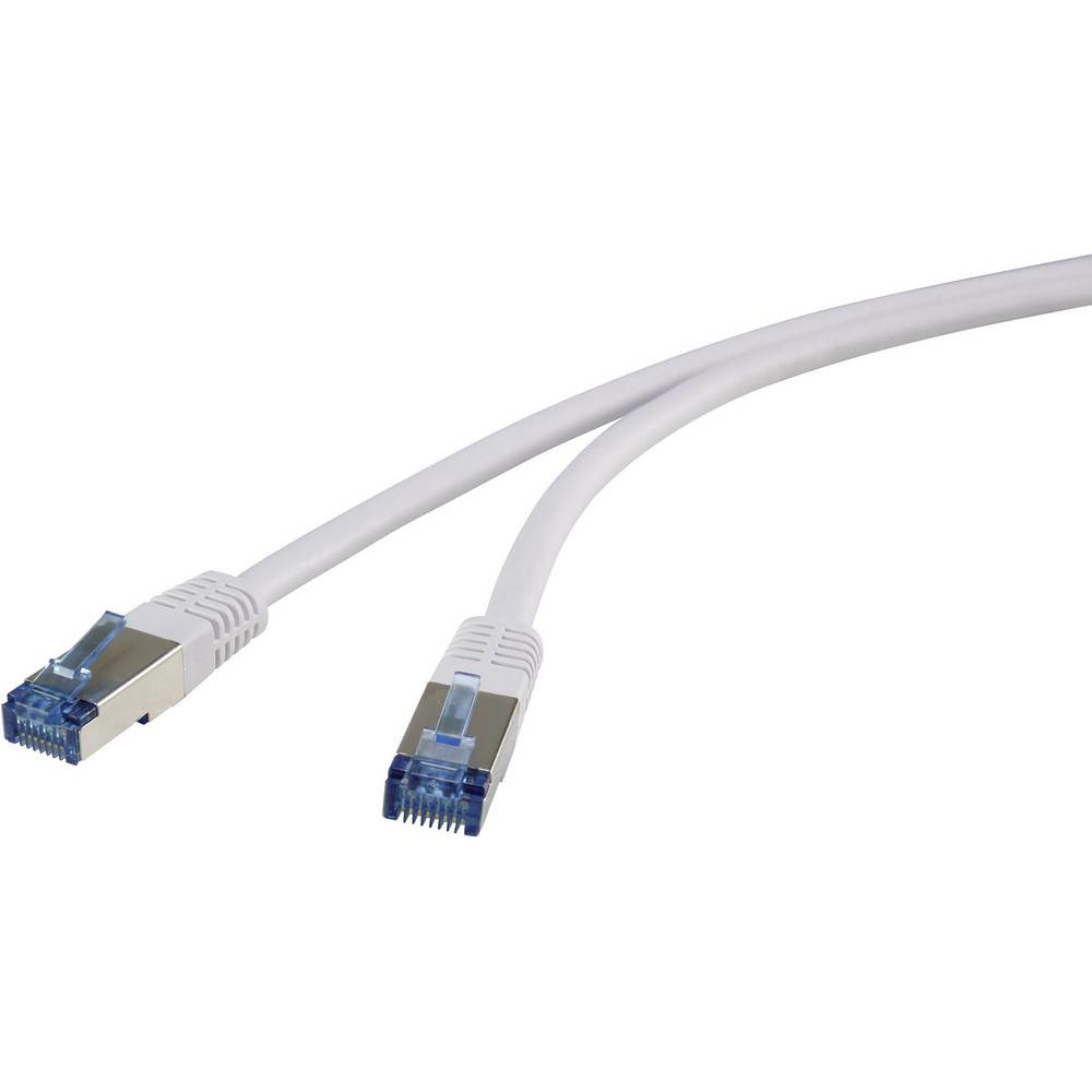Due cavi ethernet bianchi con connettori blu, isolati su sfondo bianco.