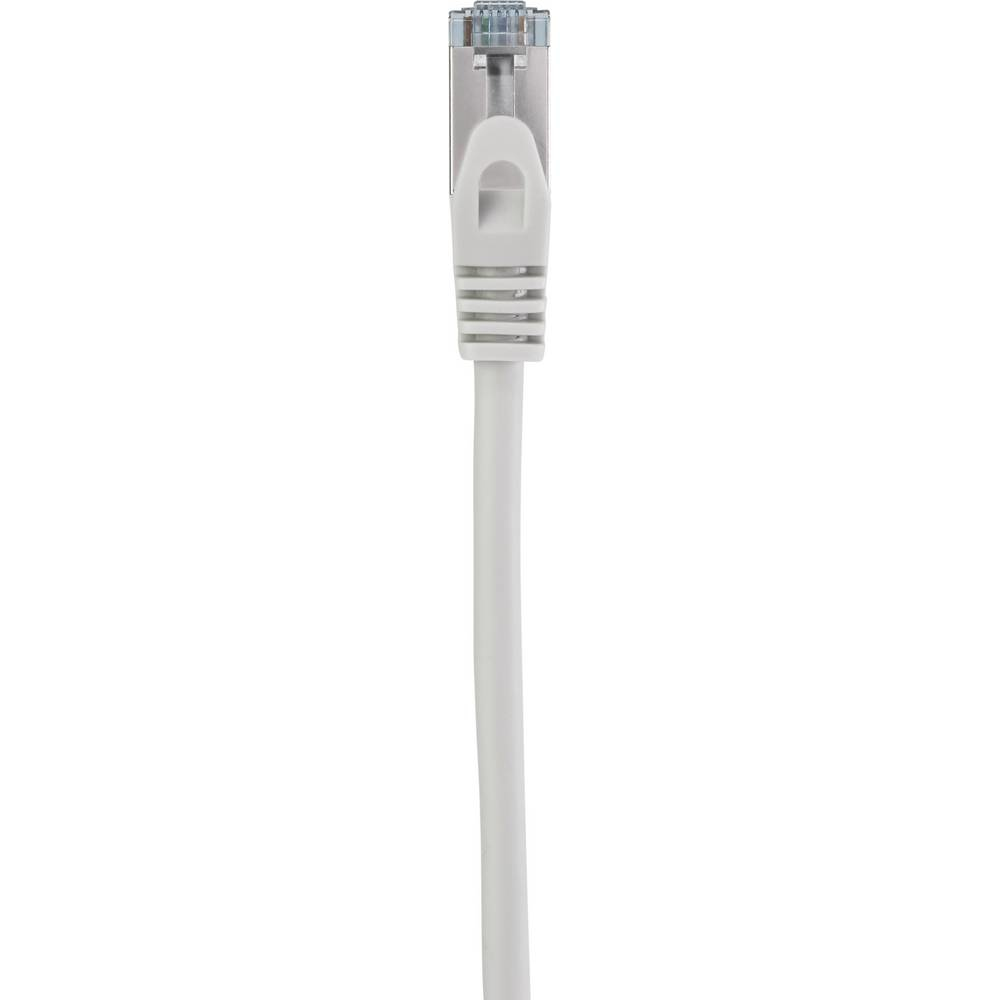 Primo piano di un cavo Ethernet bianco con connettore trasparente su bianco.