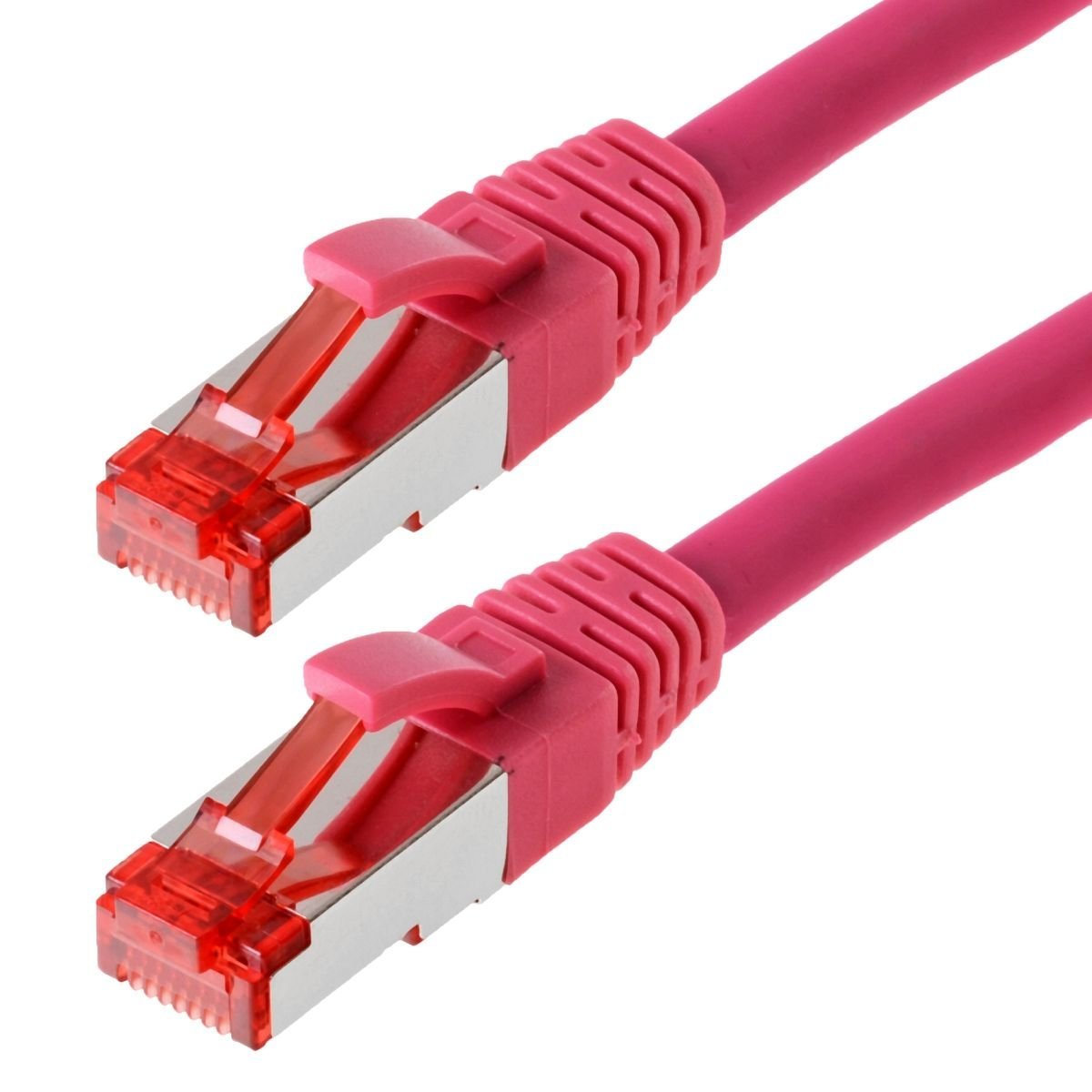 Deux câbles Ethernet roses. Chacun a un connecteur rouge. Les connecteurs sont connectés aux câbles.