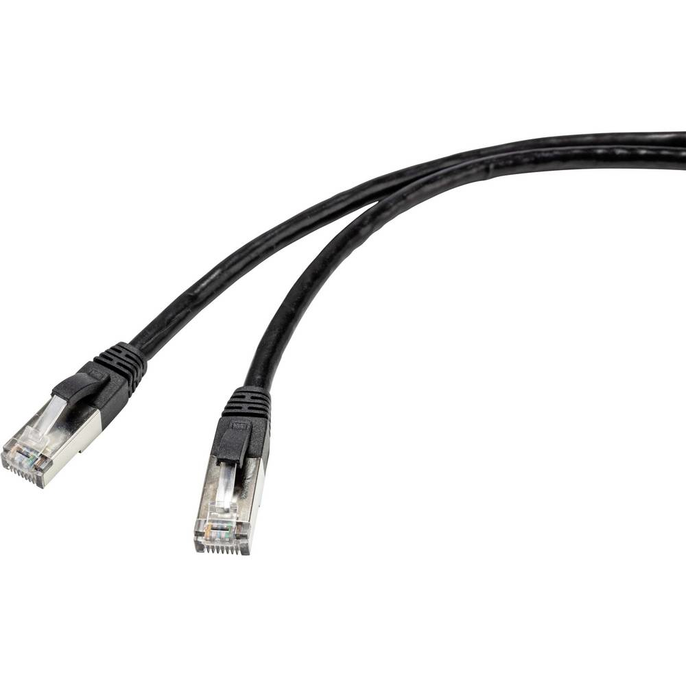 Due cavi ethernet neri. Ognuno ha un connettore. Sfondo bianco.