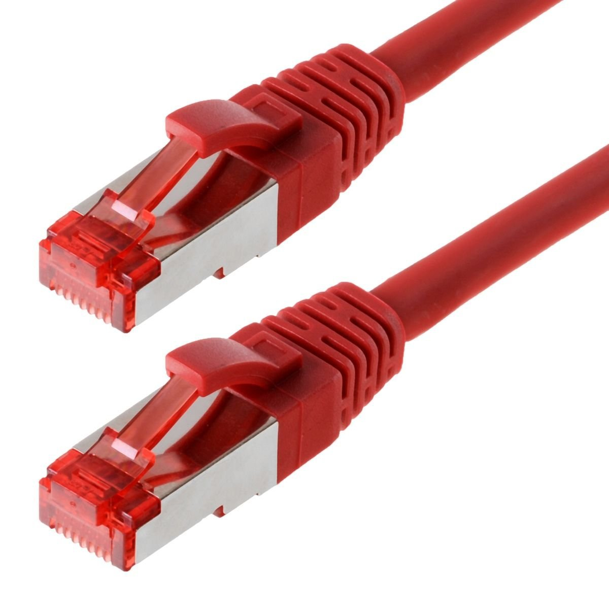 Zwei rote Netzwerkkabel mit roten Steckern, schräg vor weißem Hintergrund.