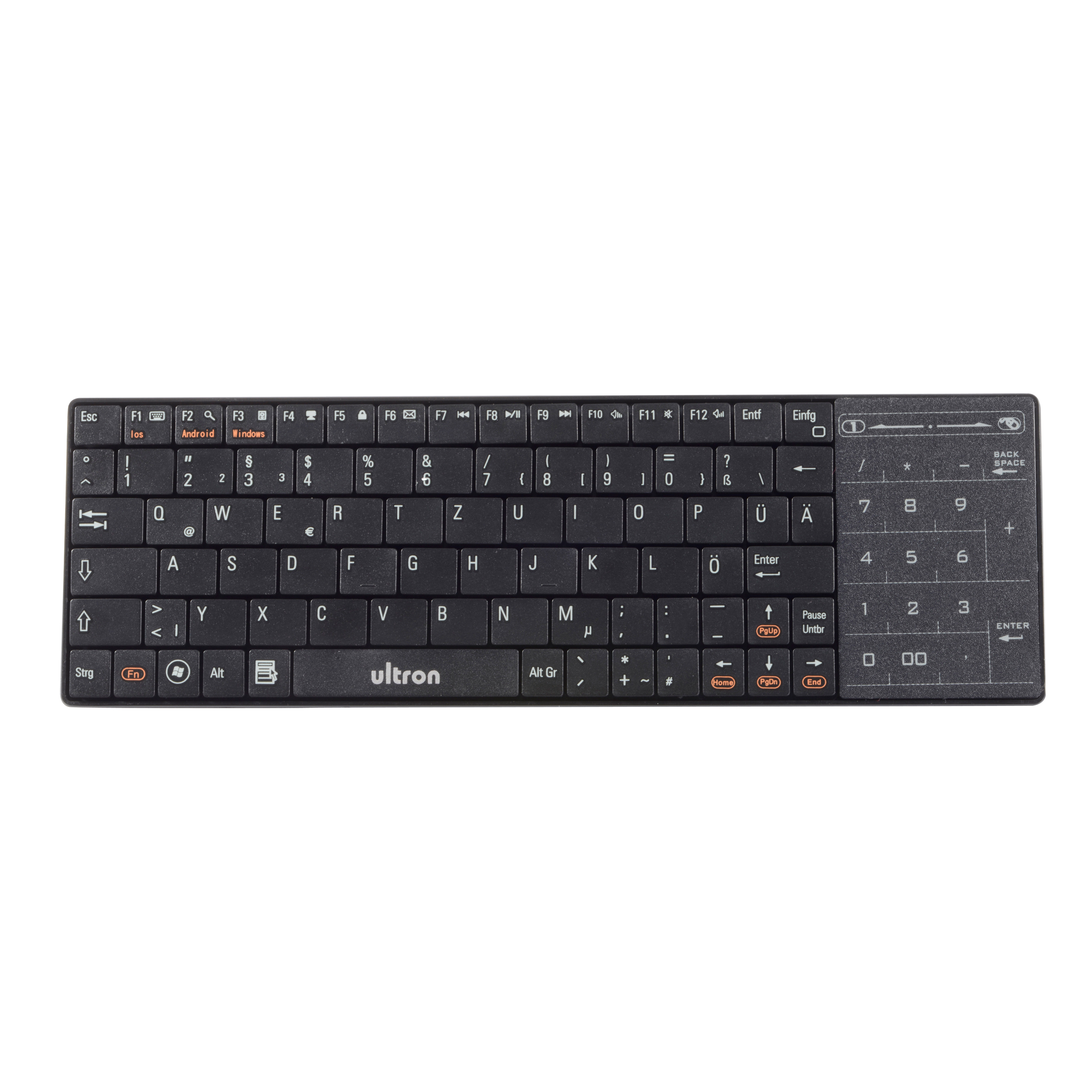 Schwarze Tastatur mit weißen Tasten. Die Marke 'ultron' ist sichtbar.