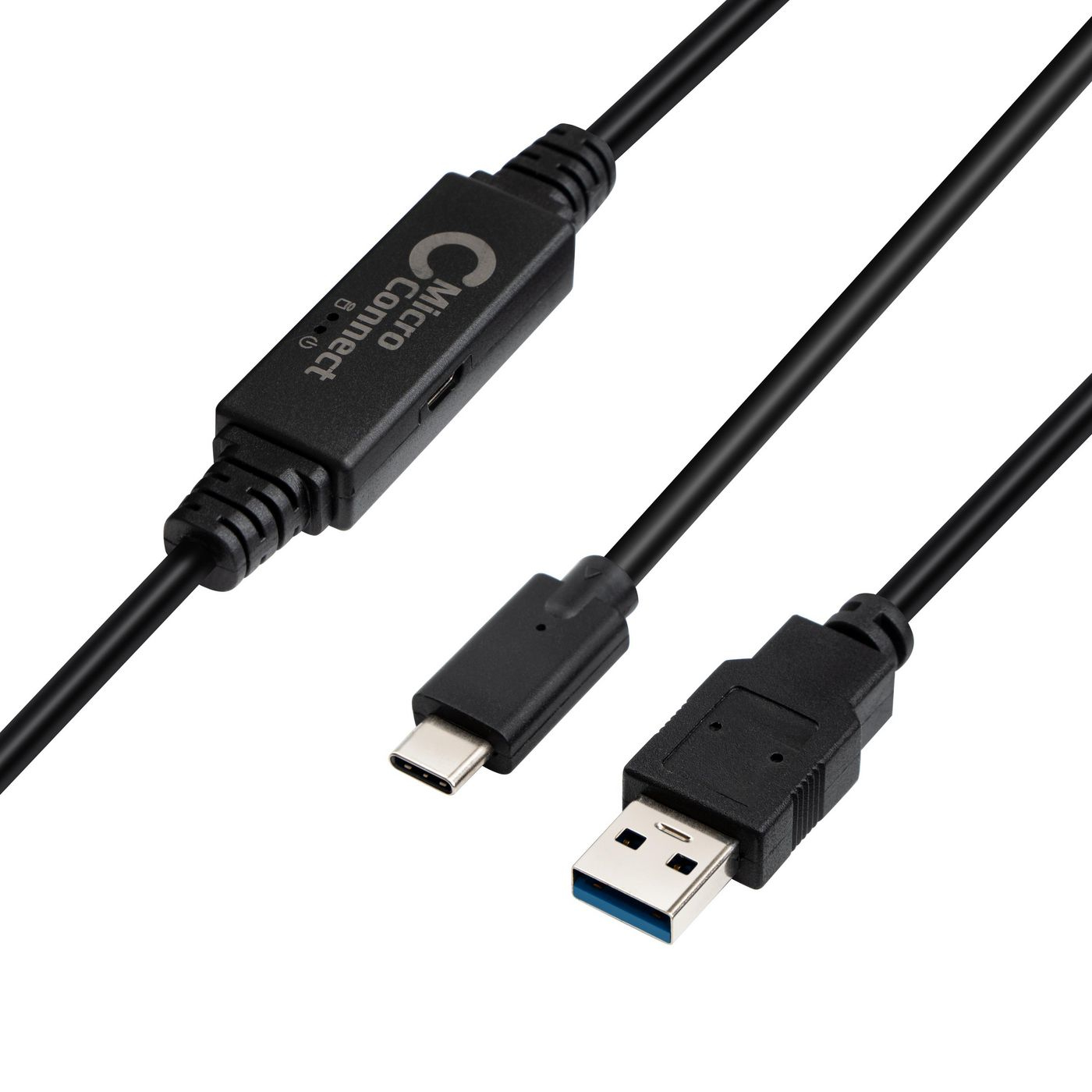 Cavi USB neri con diversi connettori: Micro-B, USB-C e USB-A.