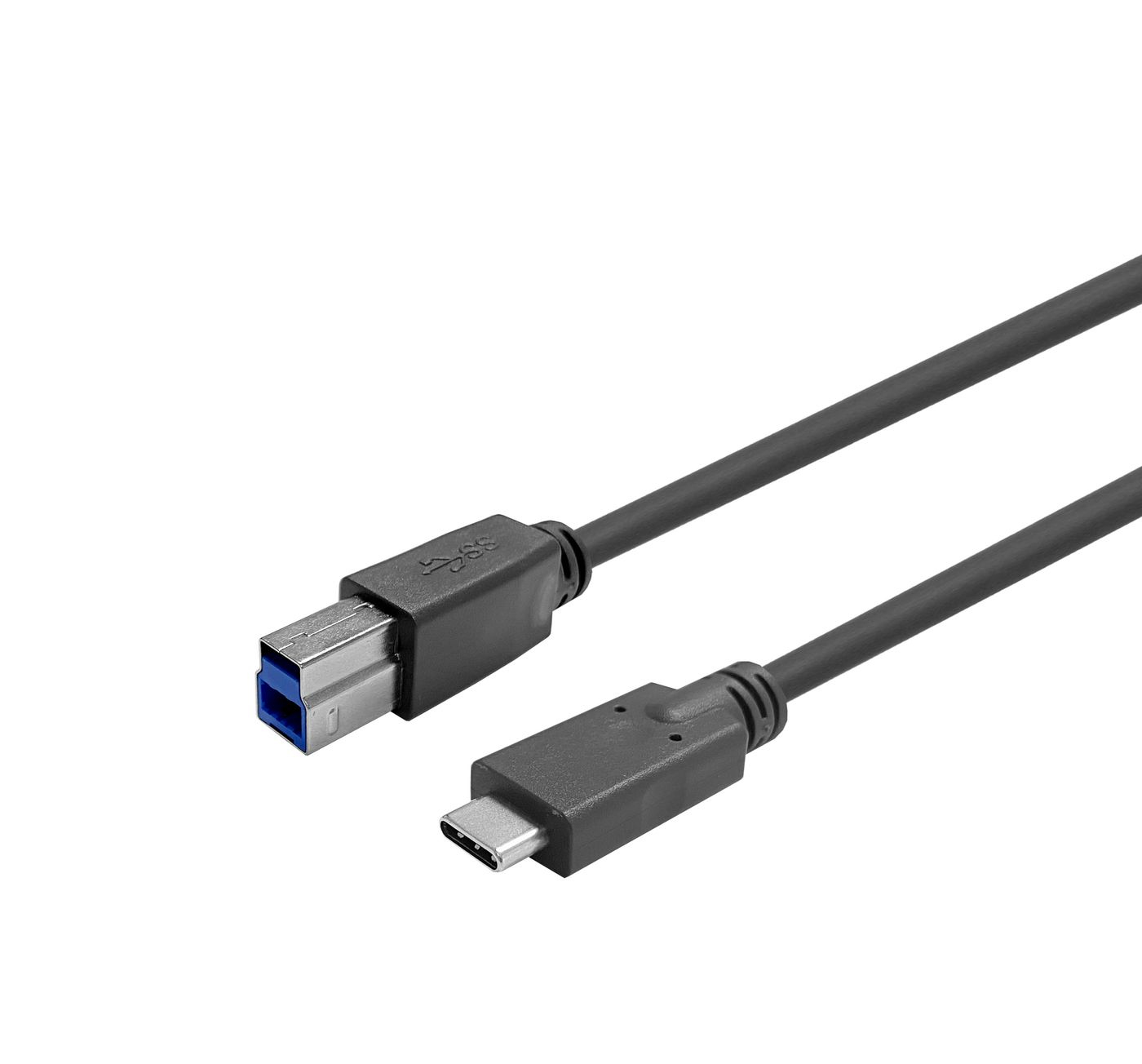 Un câble gris foncé USB-C vers USB-B, avec des connecteurs aux deux extrémités, sur fond blanc.
