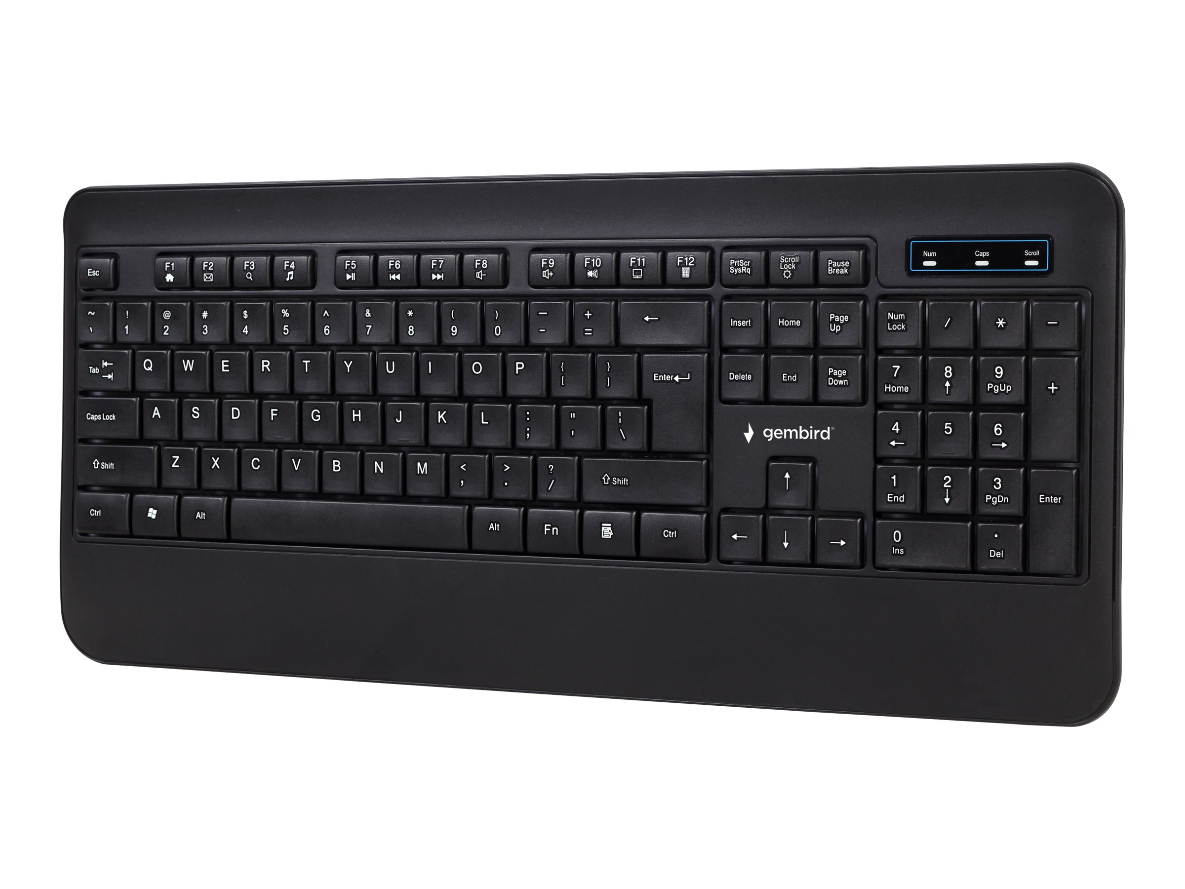 Clavier noir avec touches blanches sur fond blanc. Sans pavé numérique.