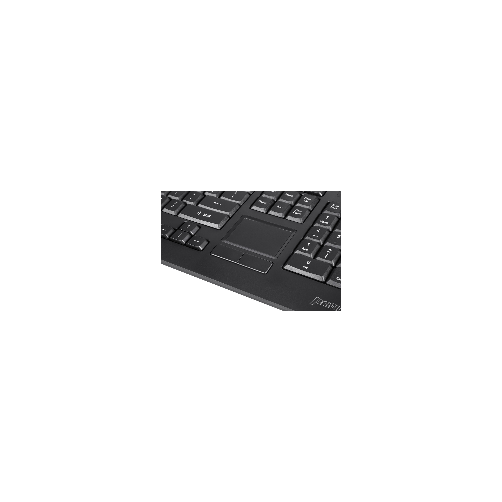 Primo piano di una tastiera nera con touchpad.