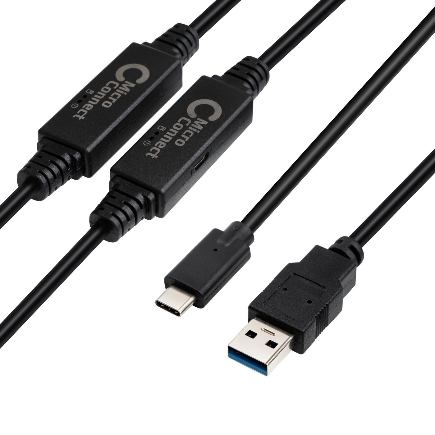 Câbles noirs avec connecteurs USB et un boîtier Micro Connect sur fond blanc.
