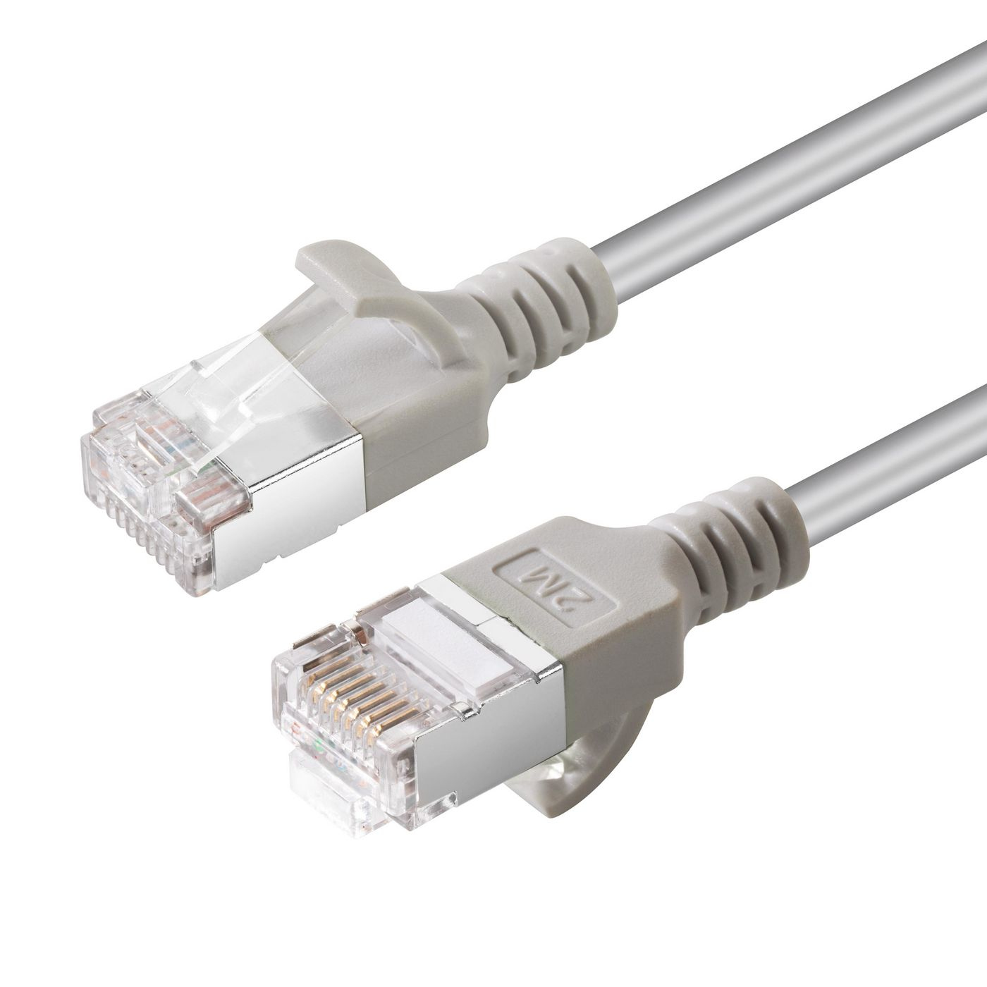 Twee grijze Ethernet-kabels met transparante connectoren op een witte achtergrond.