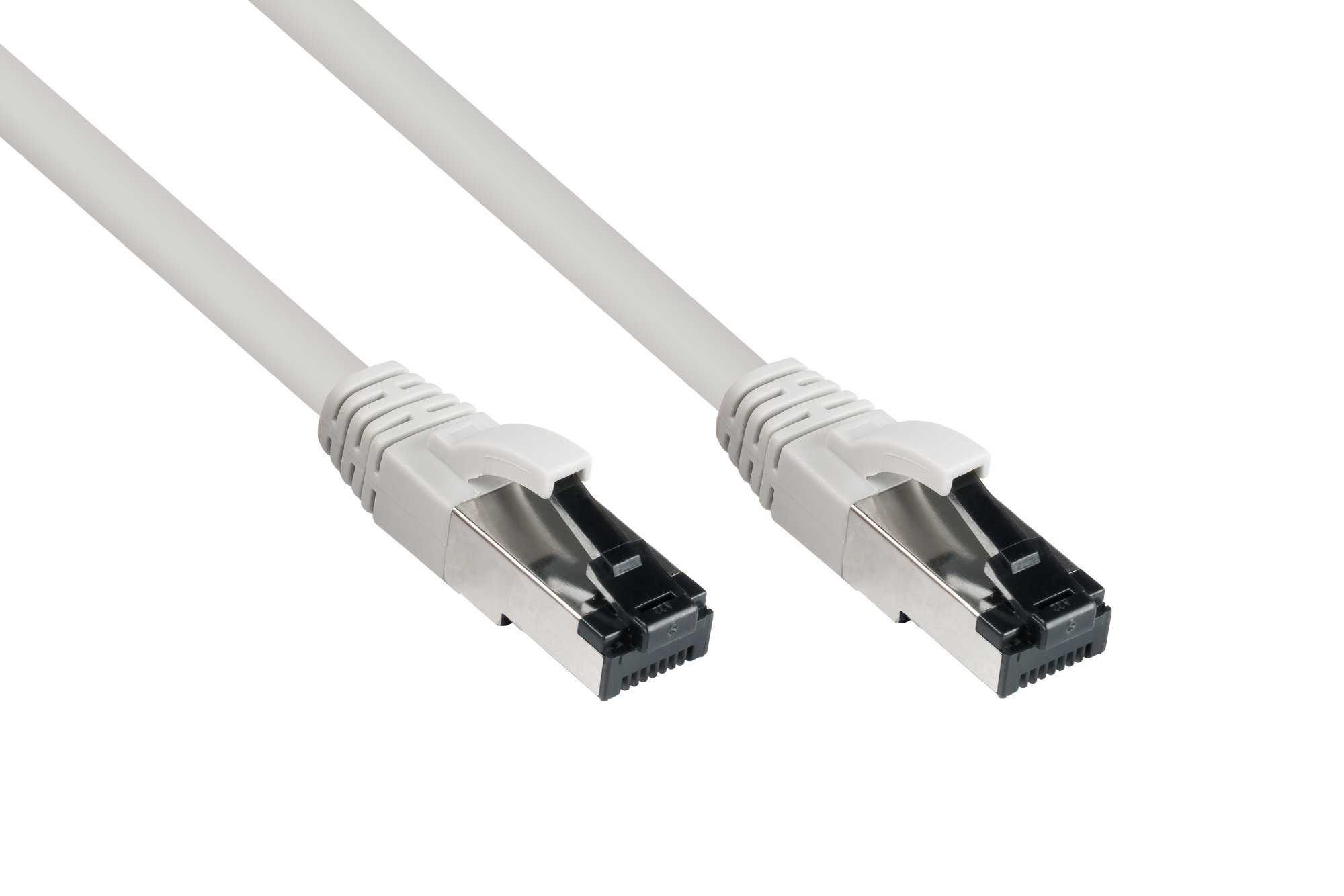 Due cavi Ethernet grigi con connettori neri su sfondo bianco.