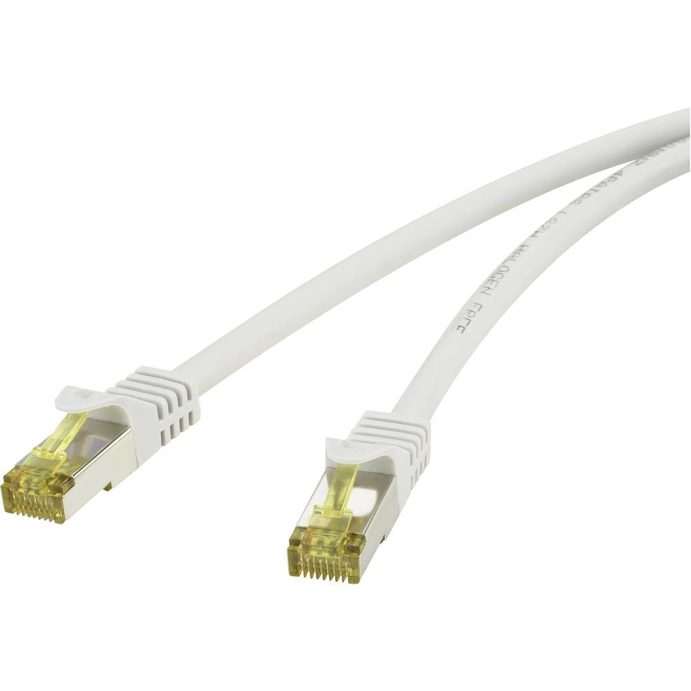Due cavi ethernet bianchi con connettori gialli, isolati su sfondo bianco.