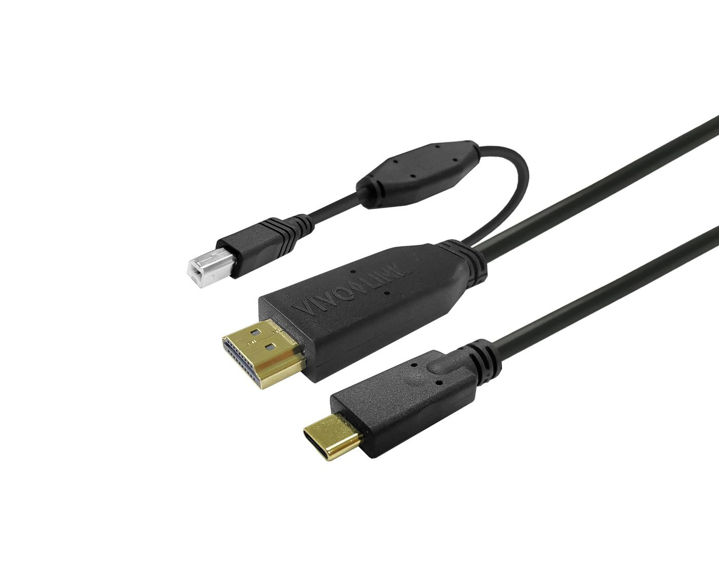 Câbles noirs avec connecteurs : Mini DisplayPort, HDMI et USB-C. Fond blanc.