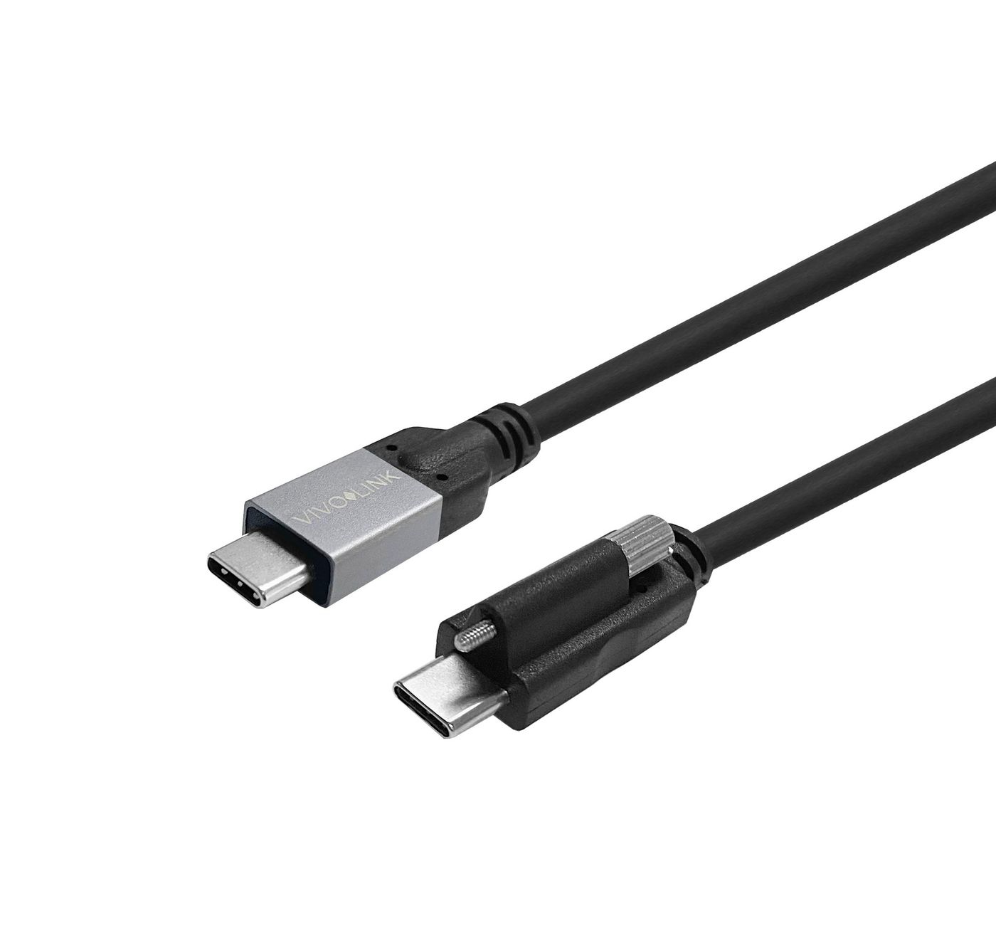 Cavo USB-C nero con connettore argentato e un secondo connettore USB-C, sfondo bianco.