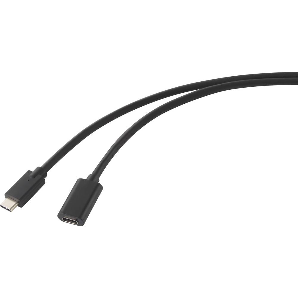 Czarne kable USB-C, jeden ze złączem USB-C, a drugi z portem USB-C, białe tło.