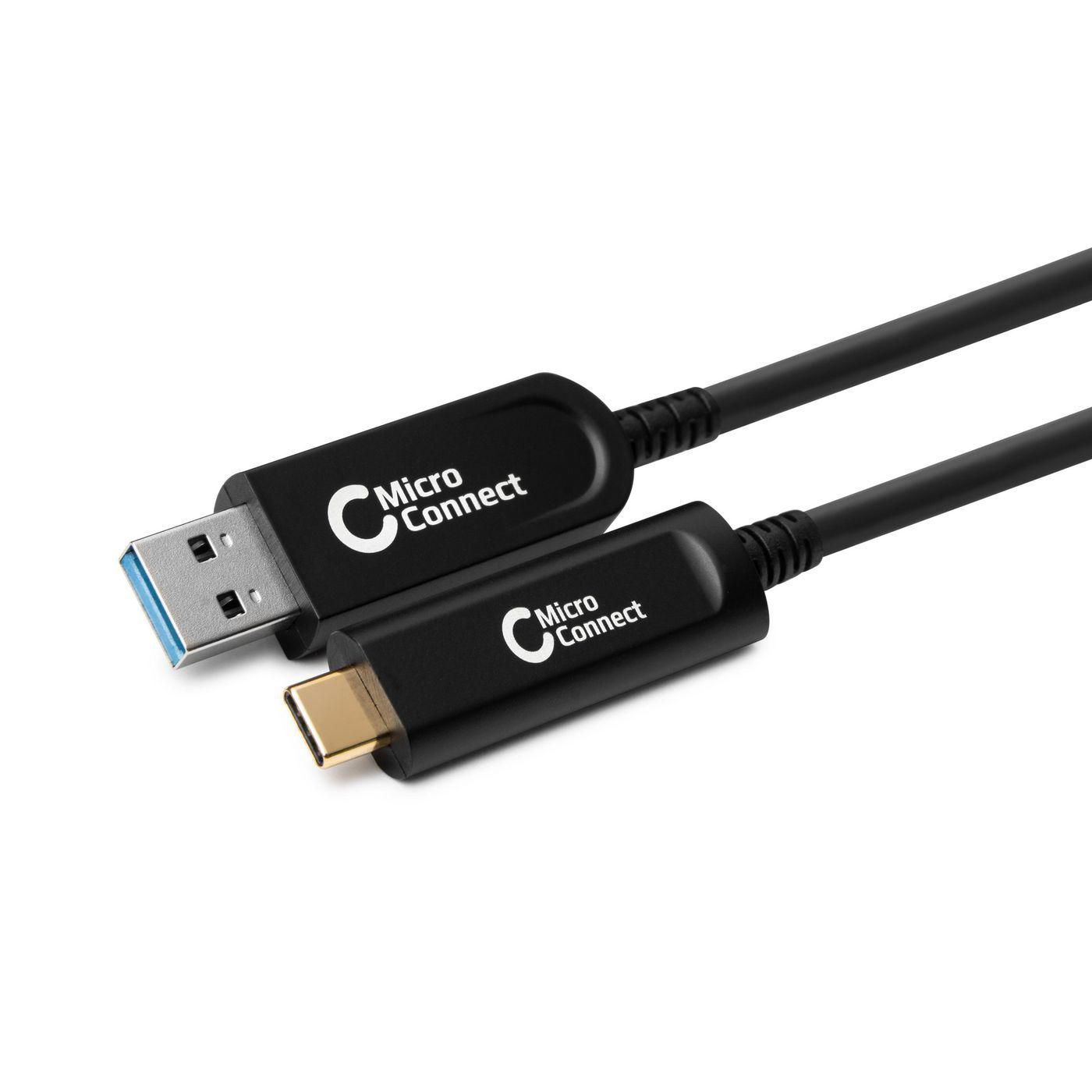Câble USB-C noir avec deux connecteurs : USB-A et USB-C, sur fond blanc.