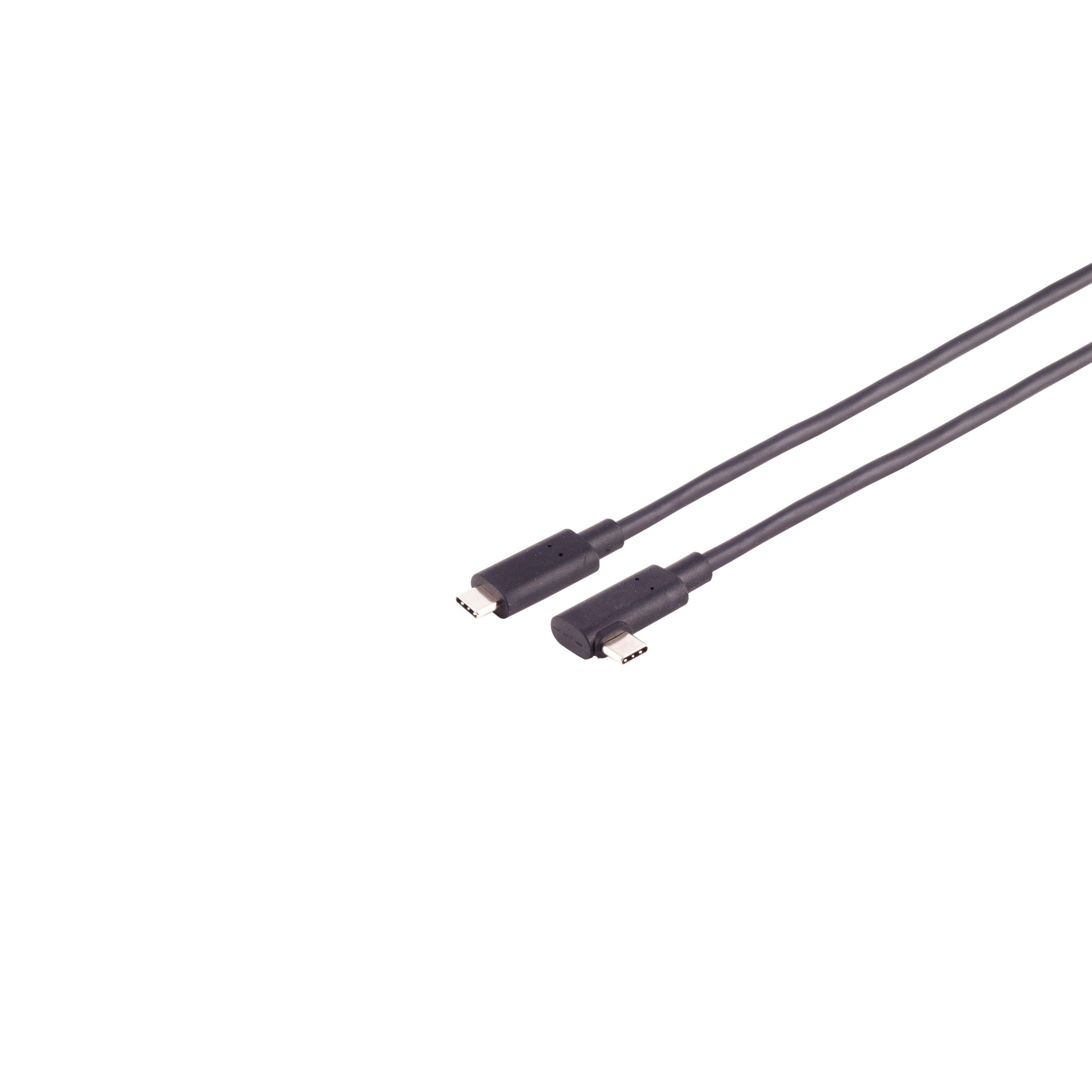 Due cavi USB-C neri su sfondo bianco, uno con angolo retto.
